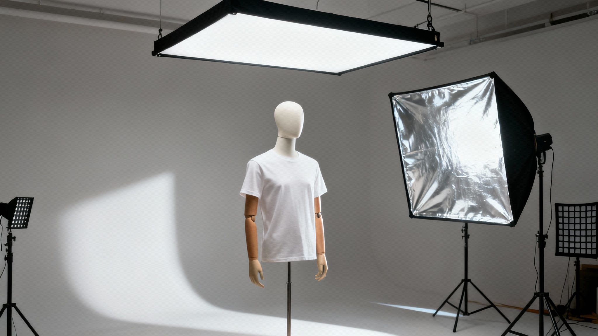 A fashion photographer adjusting a large softbox light in a studio setting.