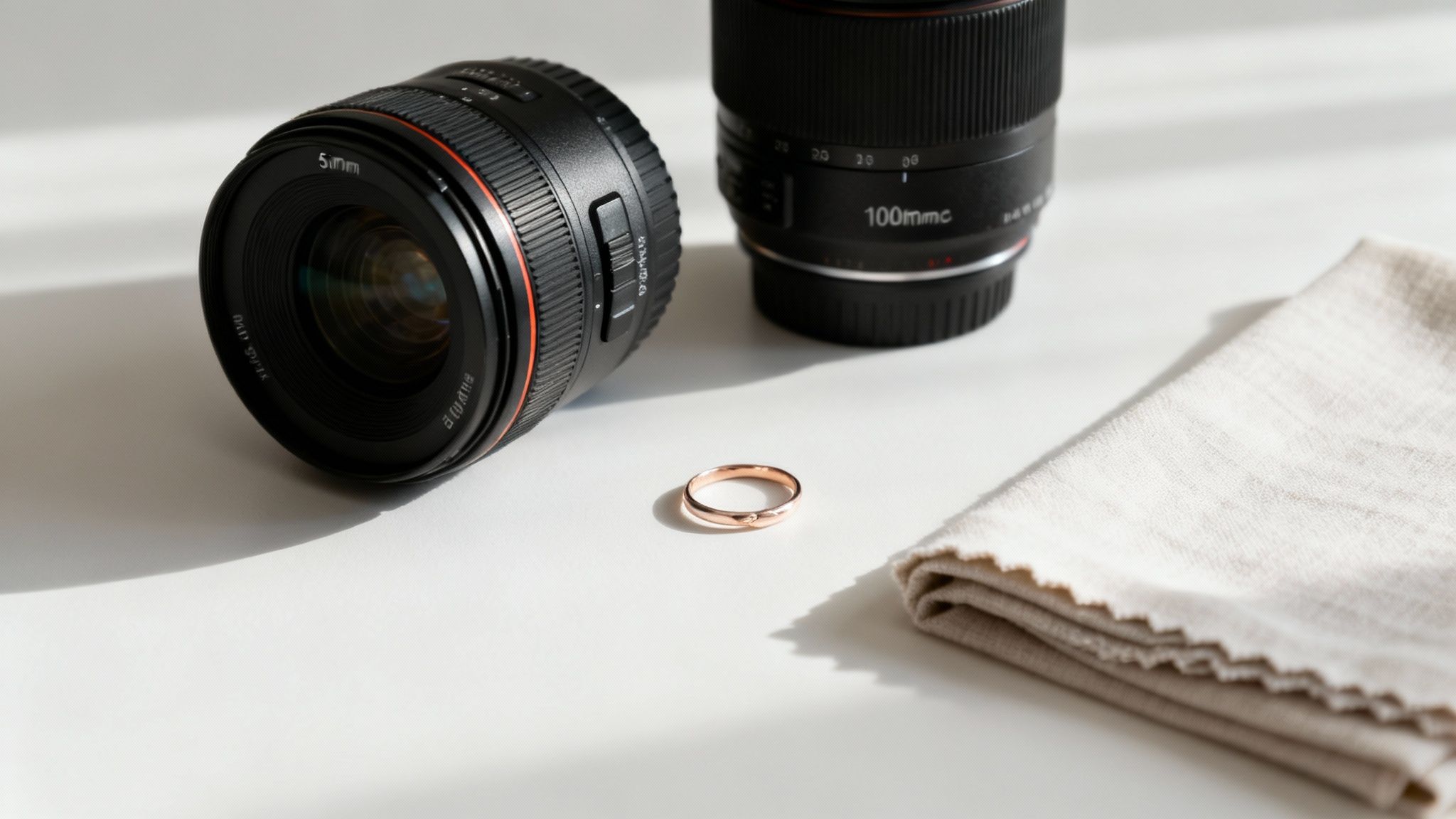 A collection of high-quality camera lenses arranged neatly on a dark surface.