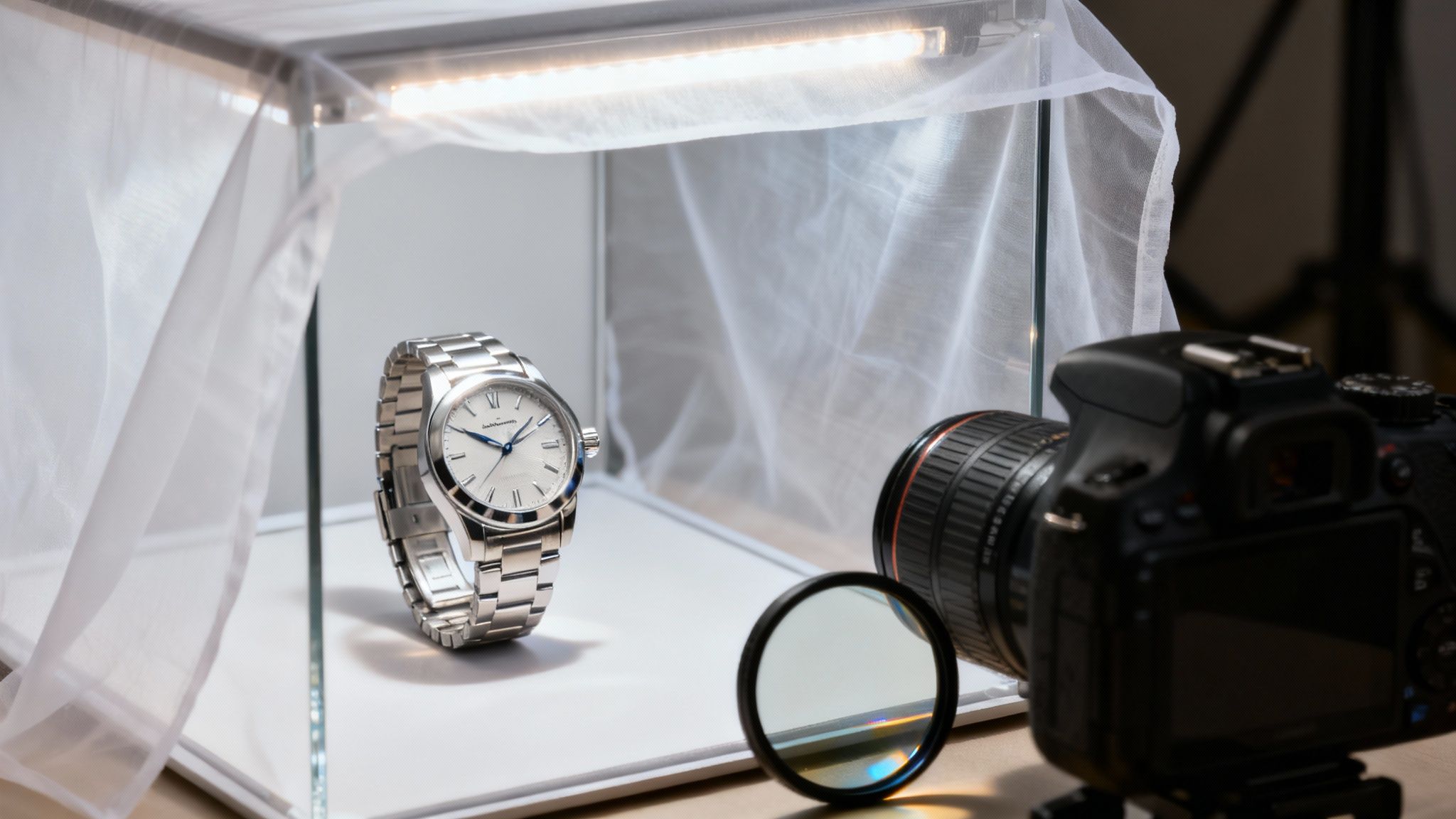 A person adjusting a watch inside a product photography light box.