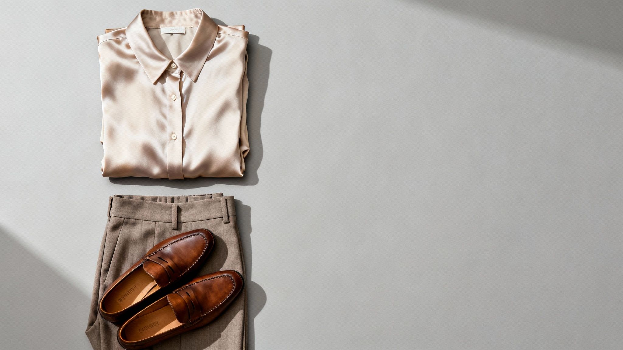 A minimalist flat lay of a women's outfit, including a blouse, trousers, and accessories, arranged neatly on a neutral background.