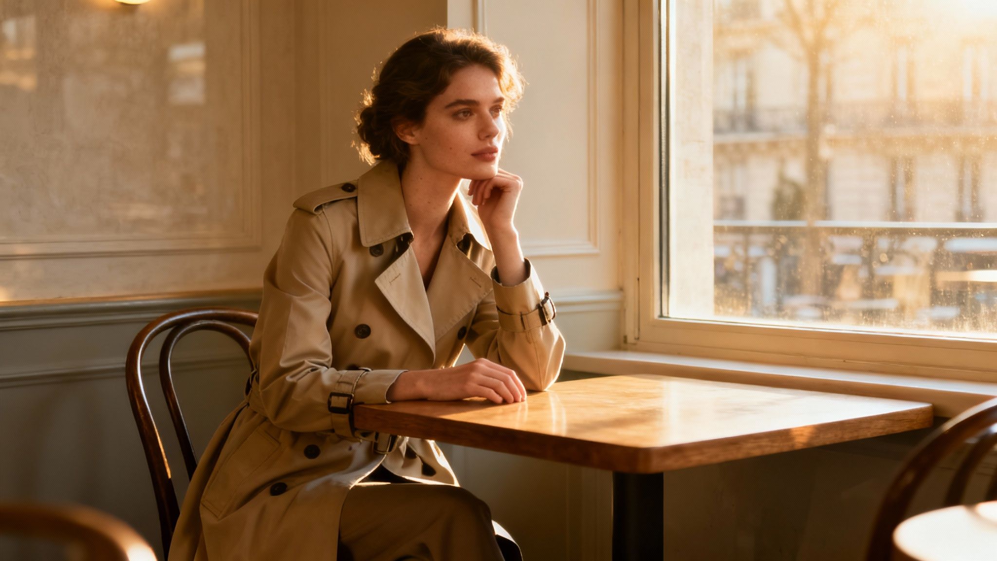 Young woman in beige trench coat sitting at cafe table gazing thoughtfully by window