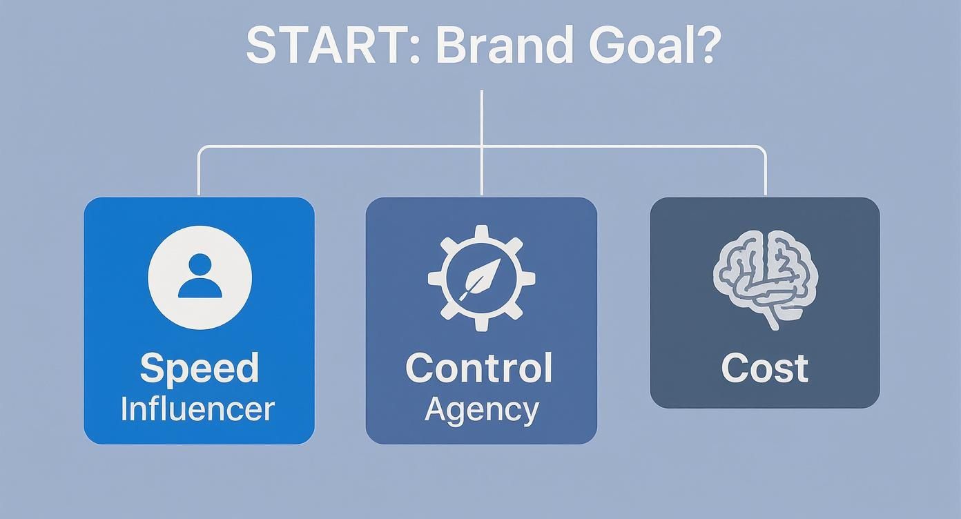 Brand goal decision framework showing three options: Speed Influencer, Control Agency, and Cost with corresponding icons