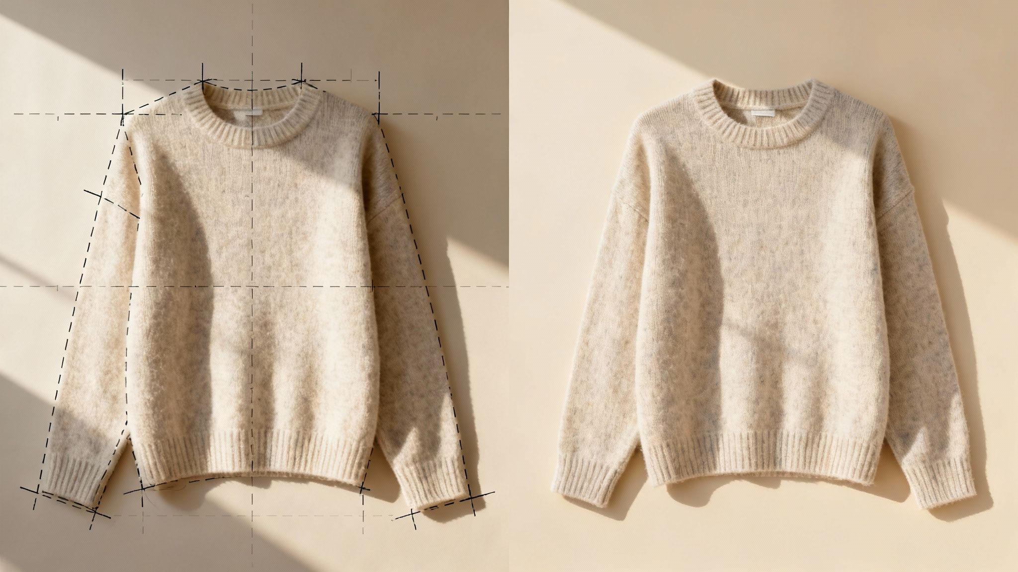 Beige knit sweater with measurement grid overlay demonstrating photo background color change editing technique