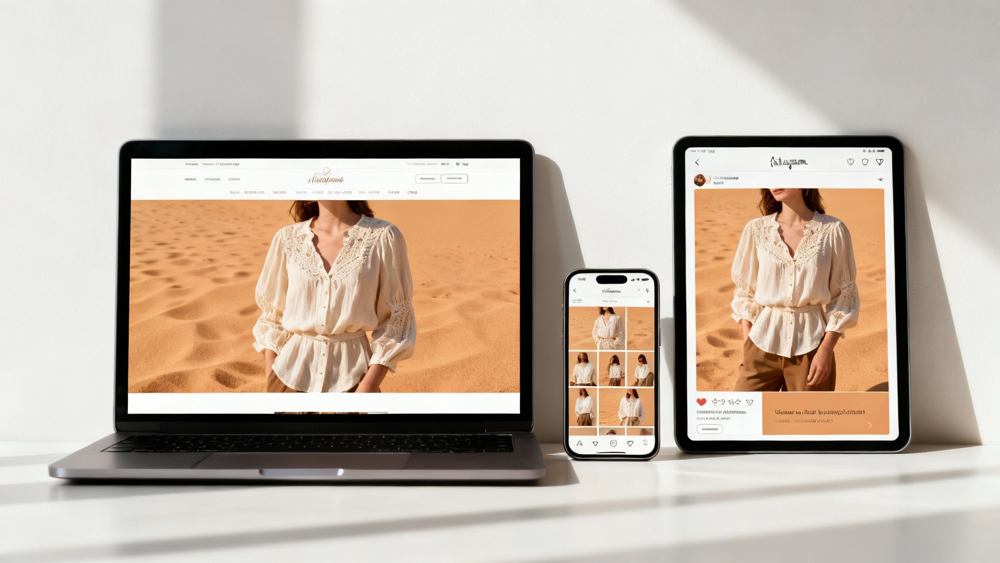 Fashion website displayed on laptop, tablet, and smartphone showing responsive design across multiple devices