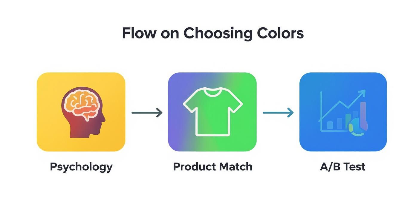 Flow diagram showing three steps for choosing colors: psychology, product match, and A/B testing