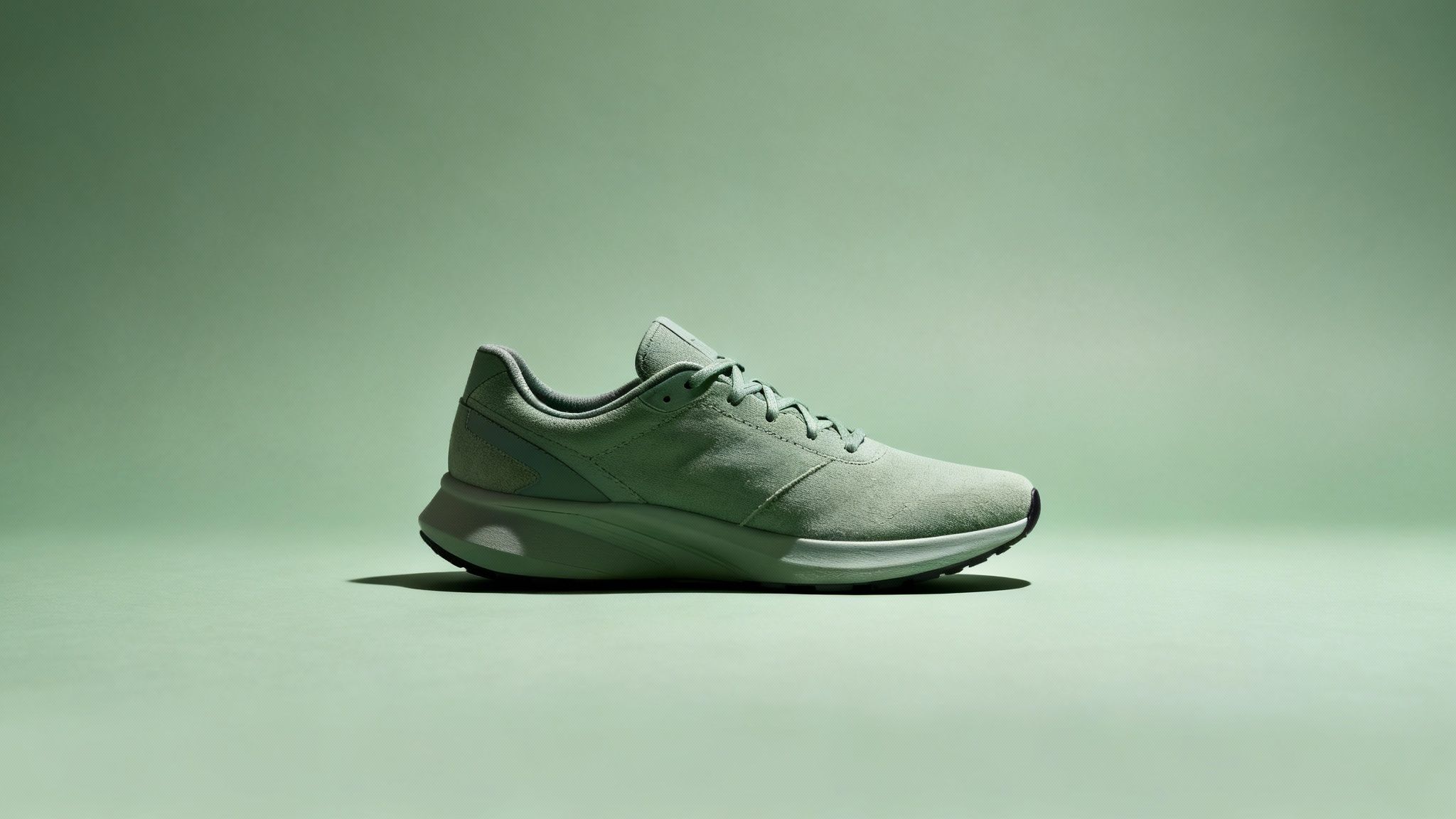 Sage green running shoe on matching gradient background studio product photography
