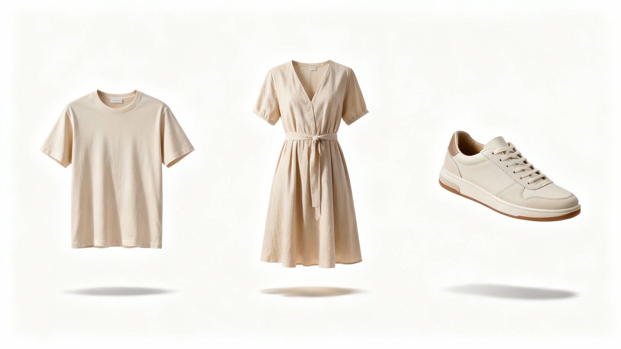 Beige t-shirt, wrap dress, and sneakers floating on white background with soft shadows