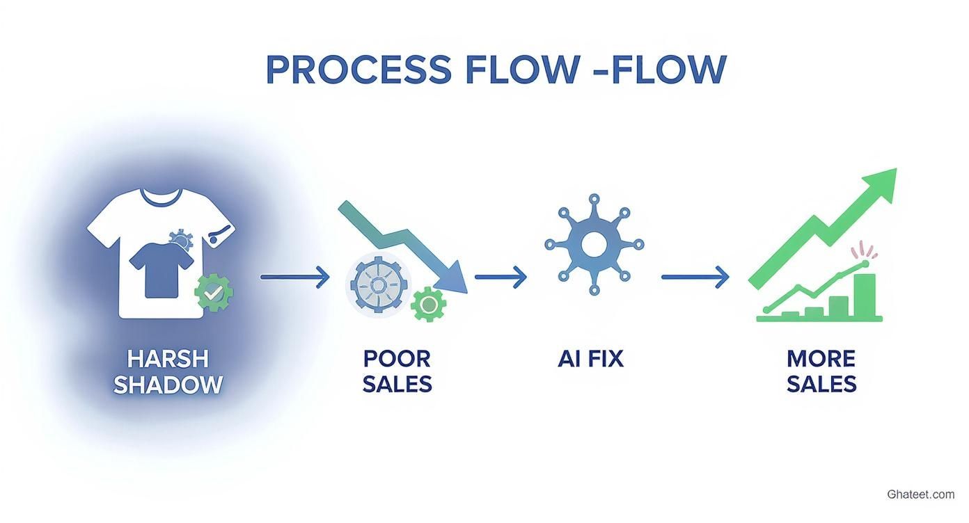 Process flow diagram showing harsh shadow problem leading to poor sales, AI fix solution, and resulting more sales growth