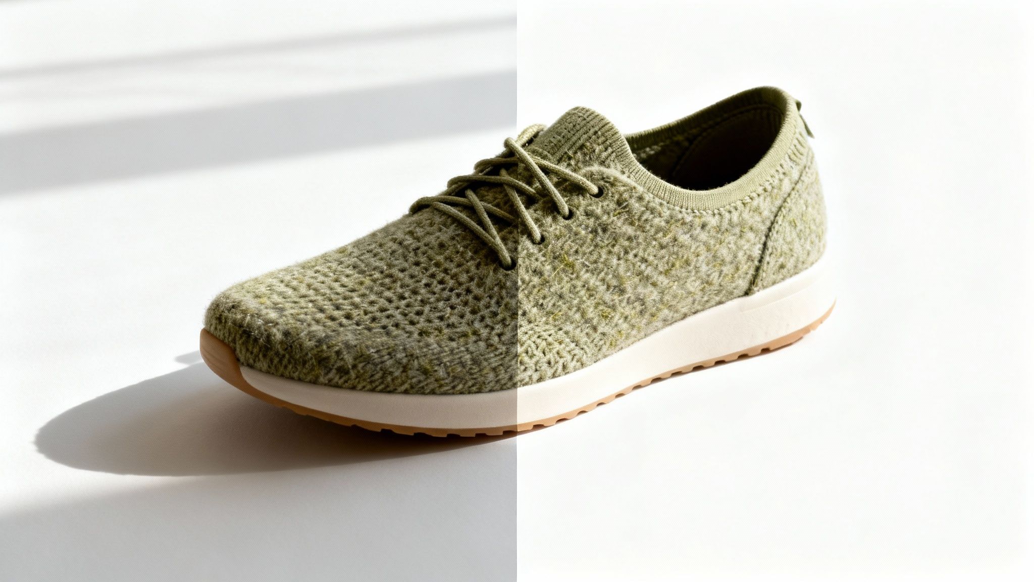 Olive green knitted sneaker with white sole photographed on white background with soft shadow