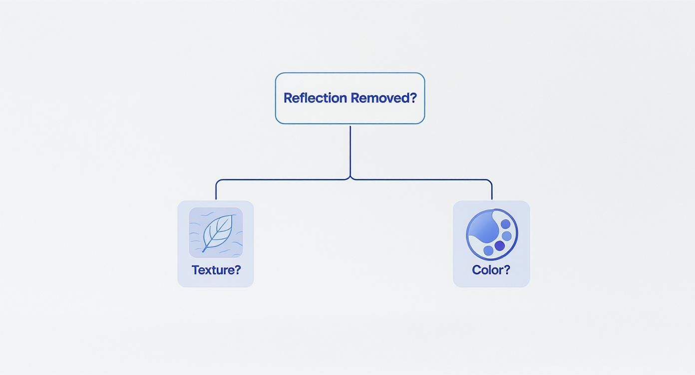 Decision flowchart showing two options for removing reflections: texture adjustments and color correction methods