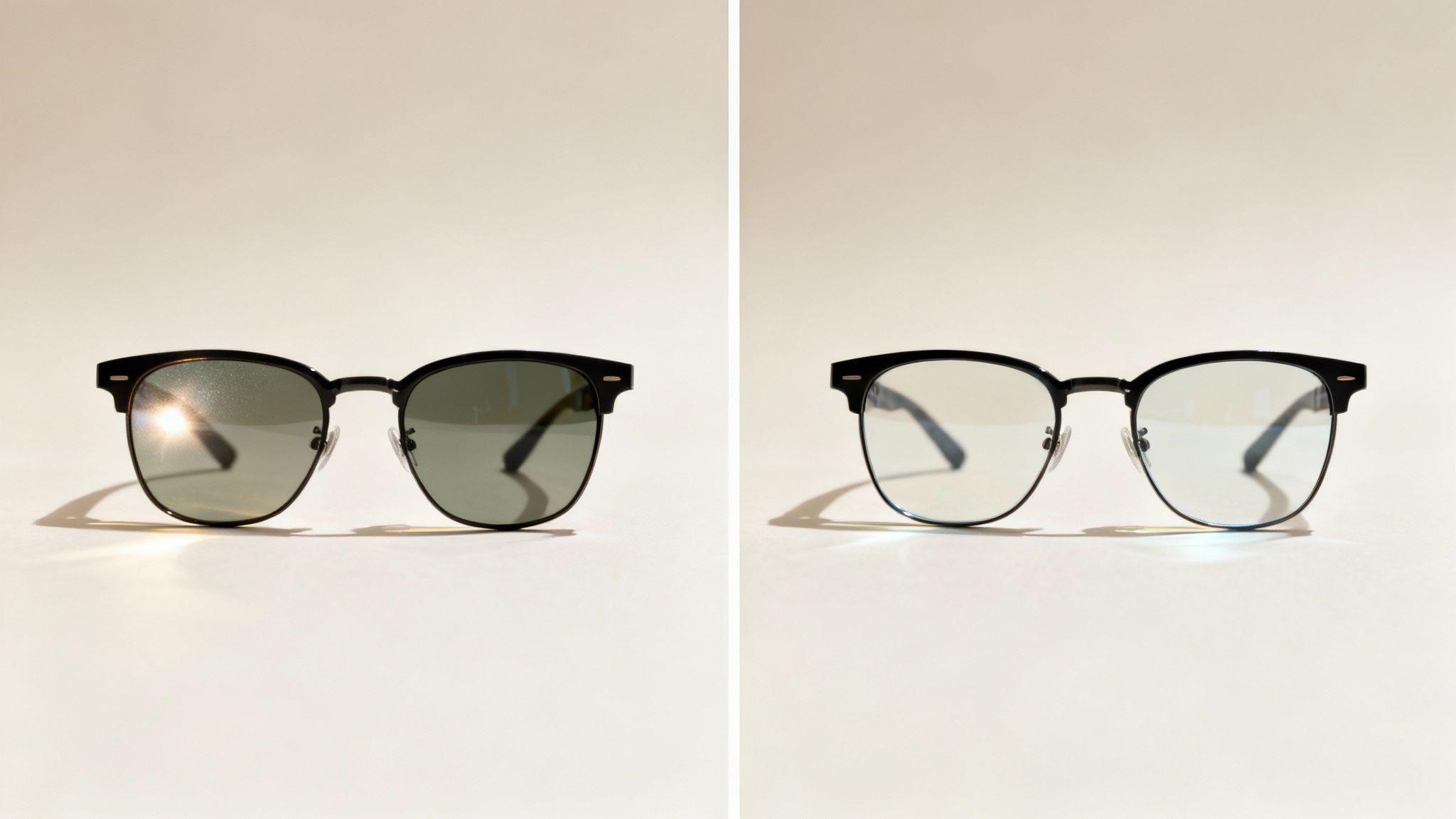 Before and after comparison showing sunglasses with reflection removed using photo editing software