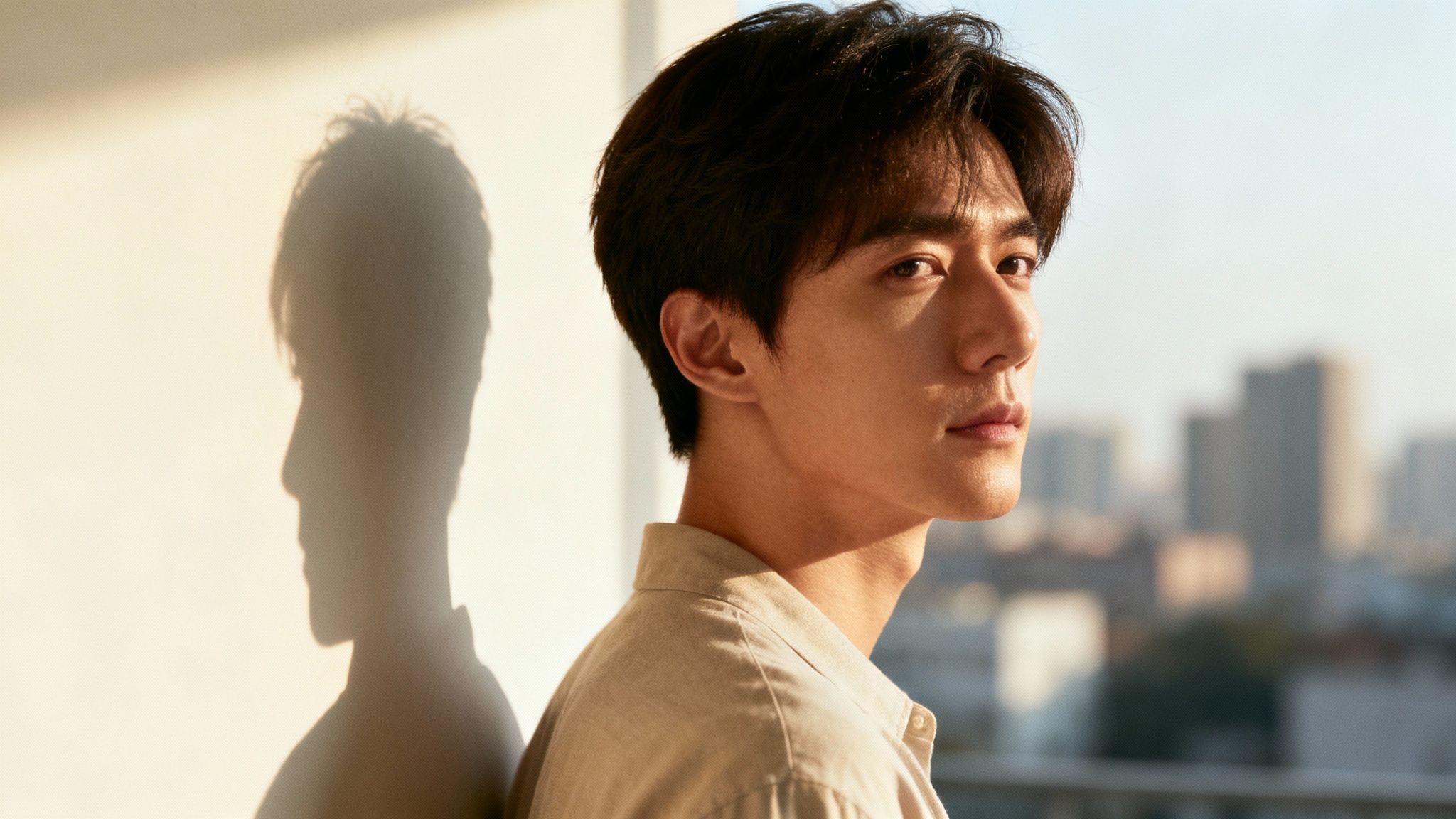 Young Asian man in beige shirt looking at camera with shadow cast on wall behind