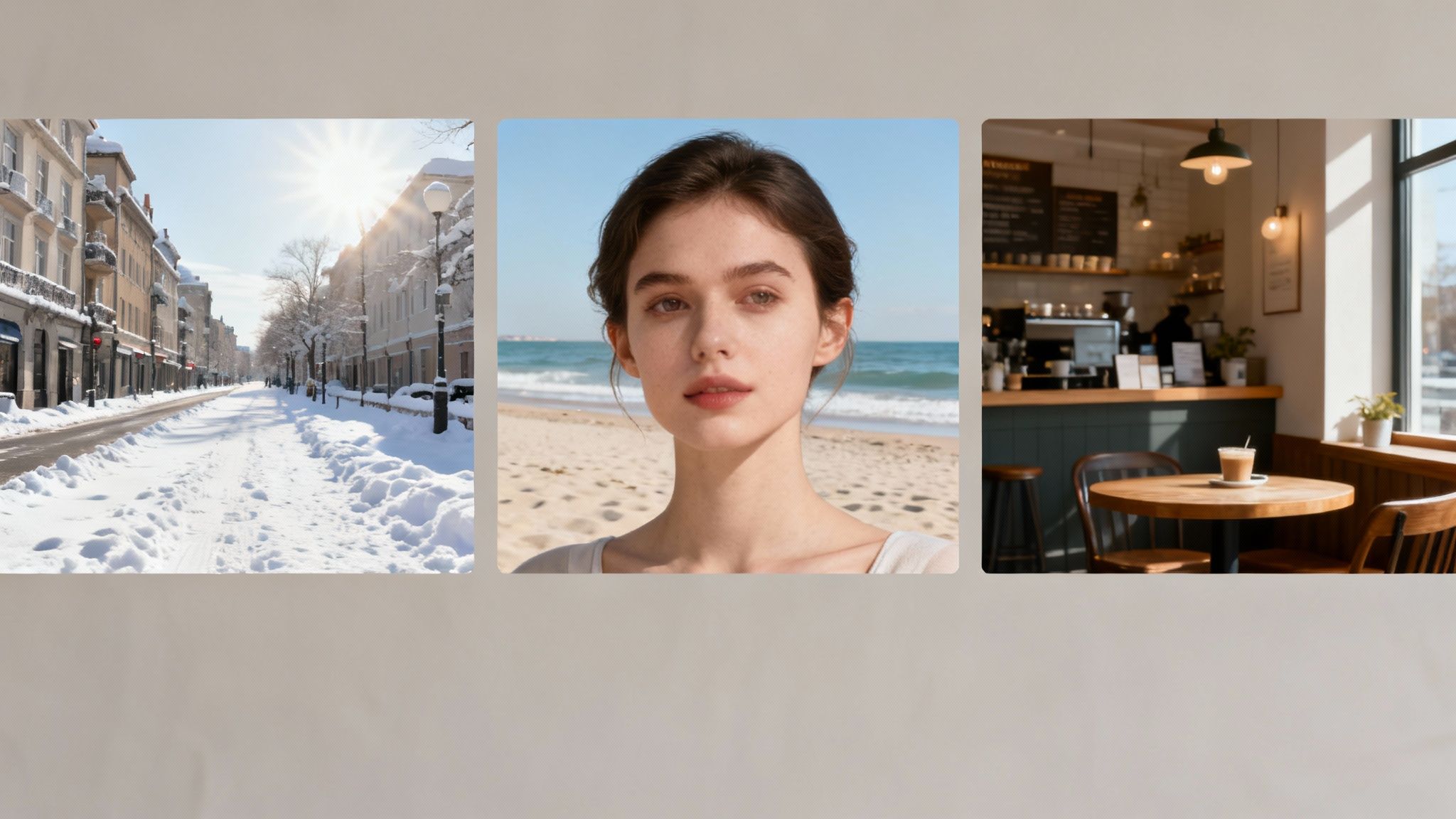 Three distinct images showing a snowy street, a woman on a beach, and a coffee shop interior.