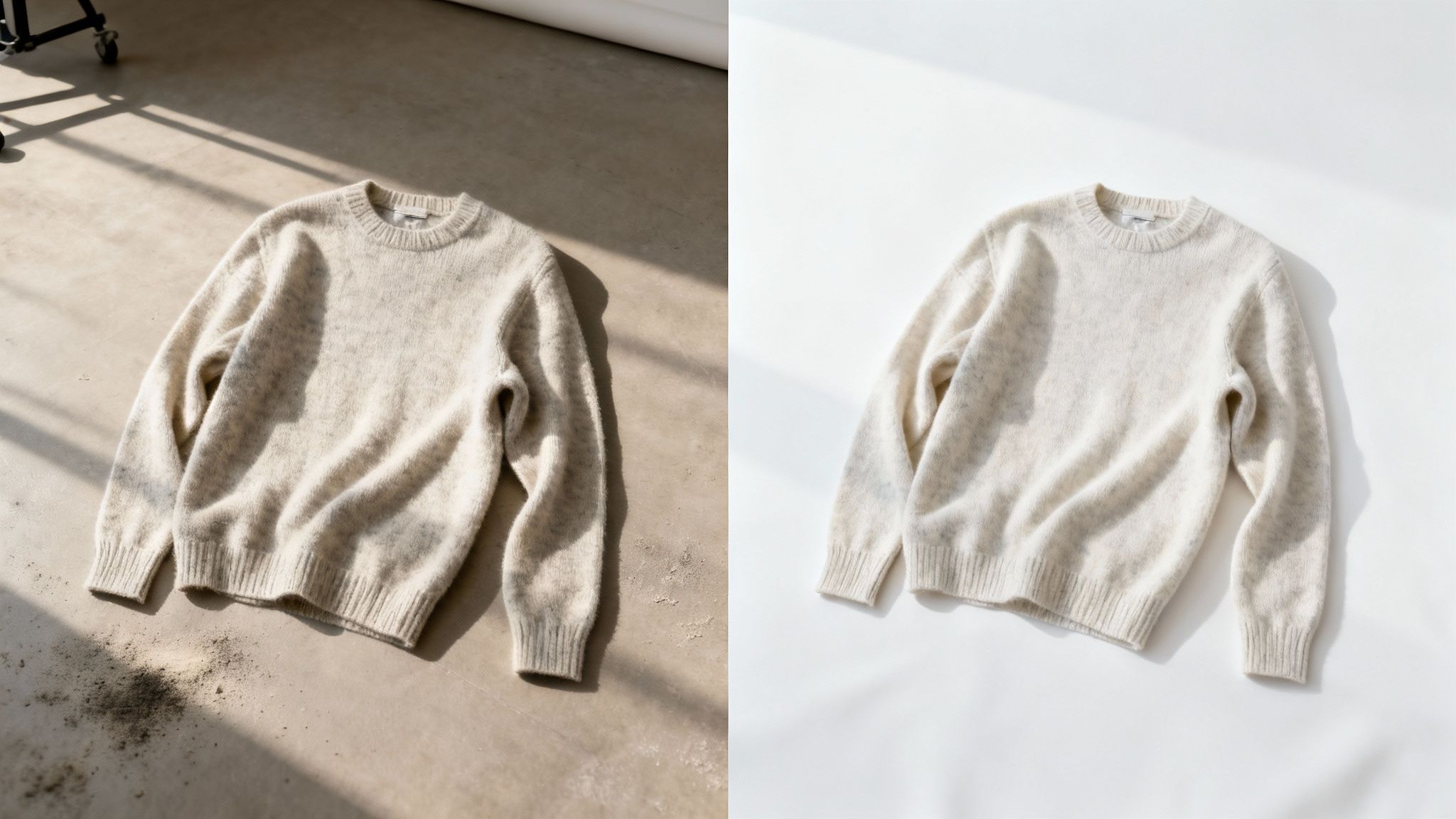 A cream sweater shown on a dirty floor with shadows, next to an edited version on a clean white background.