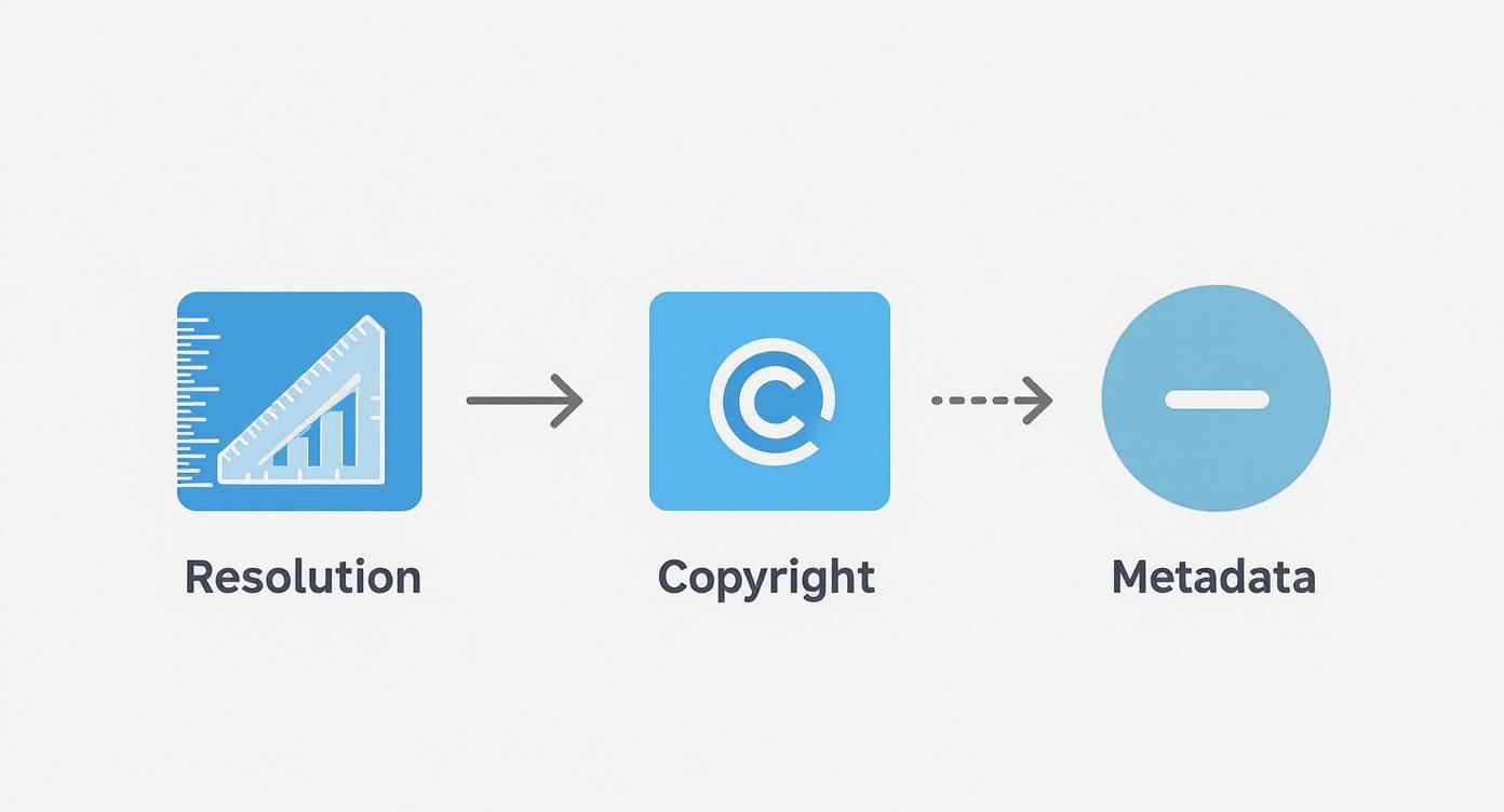Diagram illustrating image processing steps: Resolution, Copyright, and Metadata options.