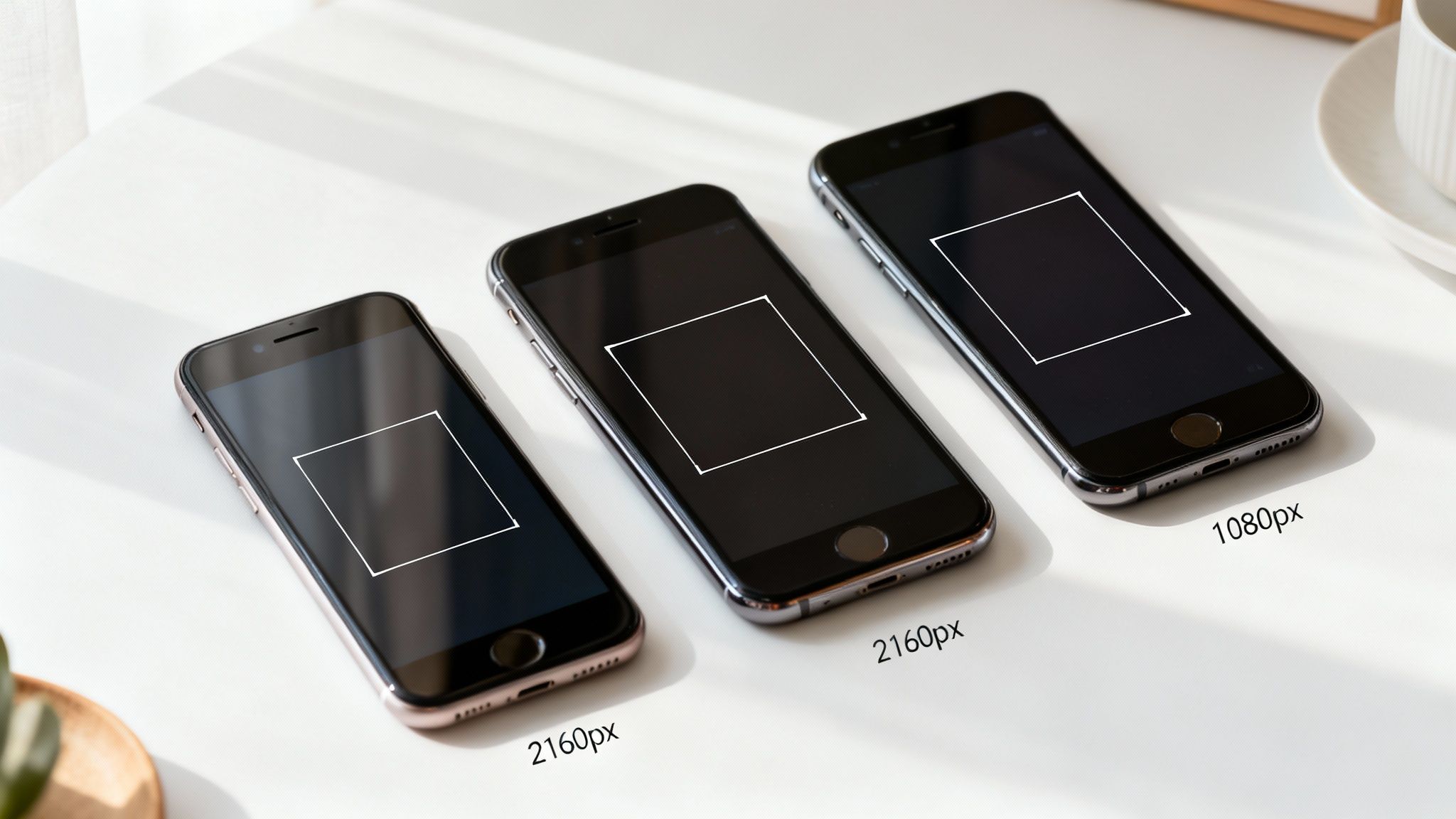 Three smartphones on a white table displaying different screen resolutions for optimal image export.