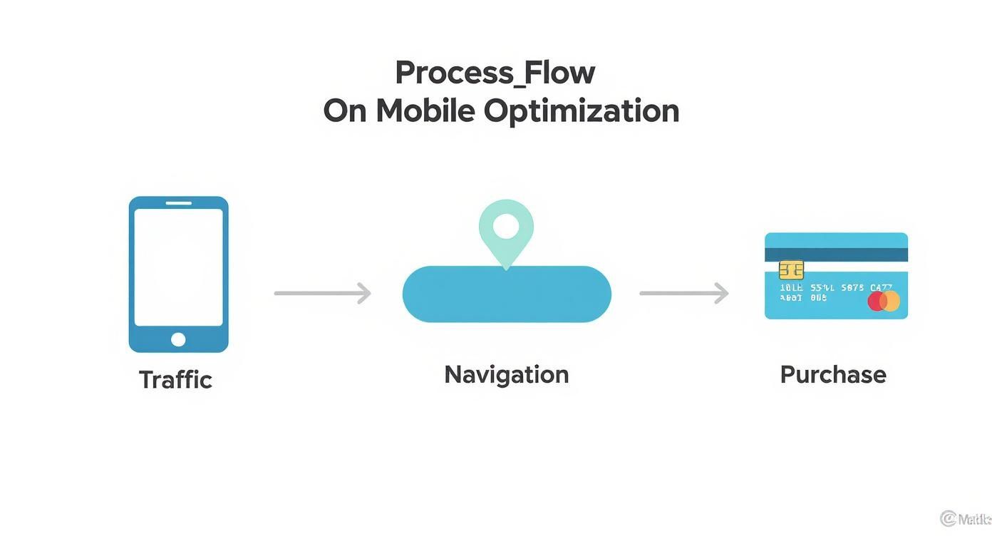 Diagram illustrating mobile optimization process from traffic (phone) through navigation to final purchase (credit card).