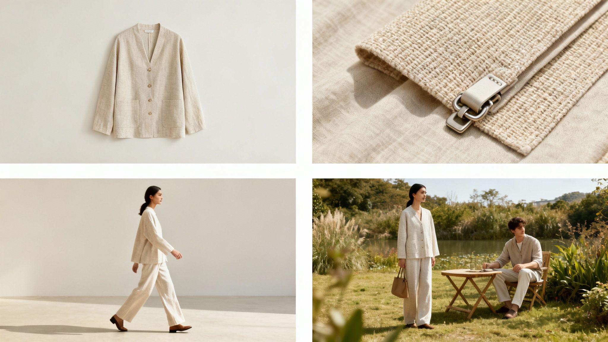 A collection of images showcasing beige linen clothing, including a jacket, a woman in a suit, and a couple outdoors.