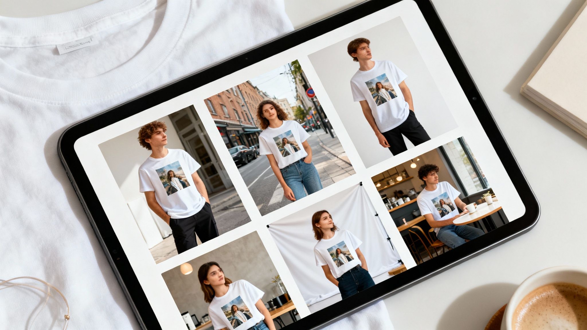 A tablet showcasing a grid of models wearing custom white t-shirts with photo prints, resting on a clean white t-shirt.