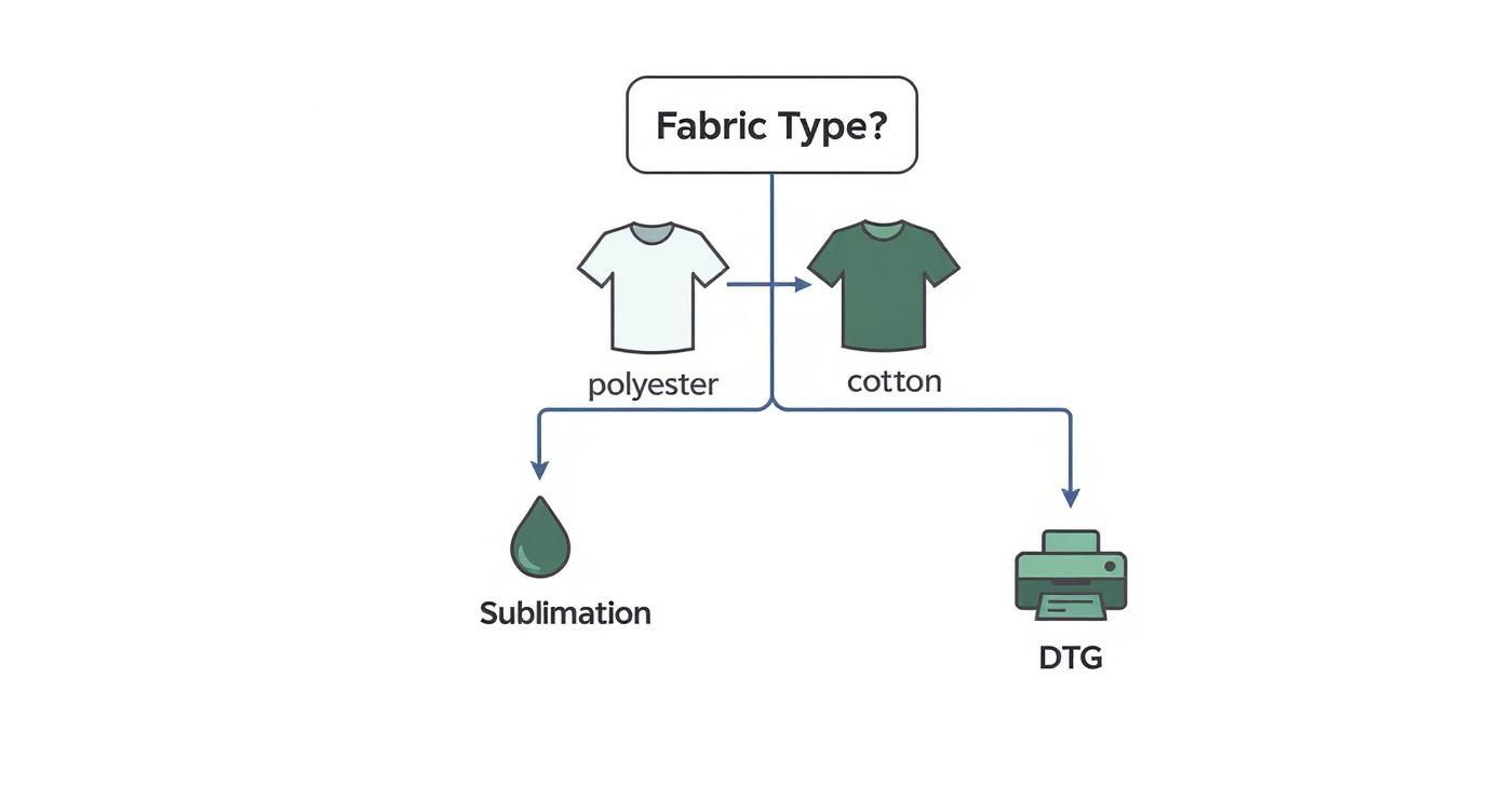 A flowchart illustrates printing methods for polyester (sublimation) and cotton (DTG) fabric types.