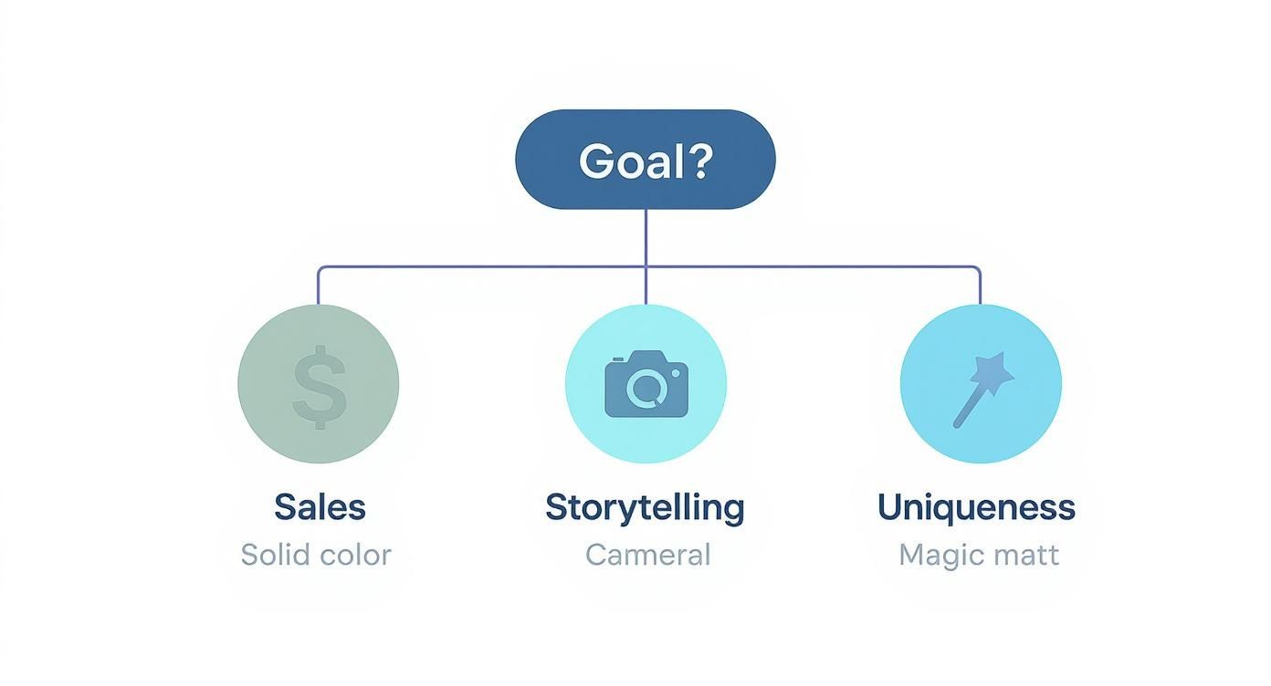 A flowchart detailing business goals: Sales (dollar sign, solid color), Storytelling (camera, cameral), and Uniqueness (magic wand, magic matt).