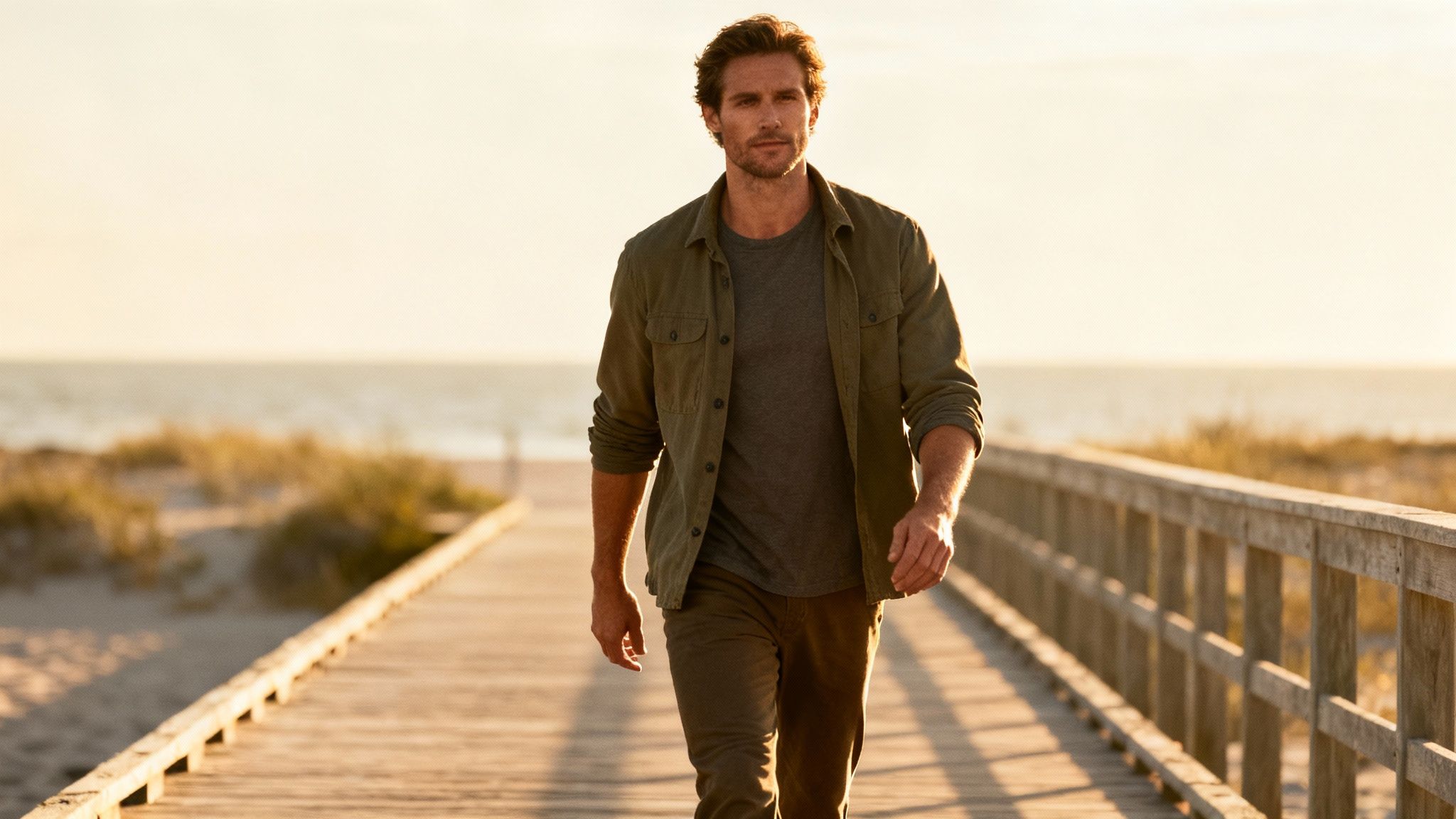 A man in a casual outfit walks on a wooden boardwalk by the beach at golden hour.