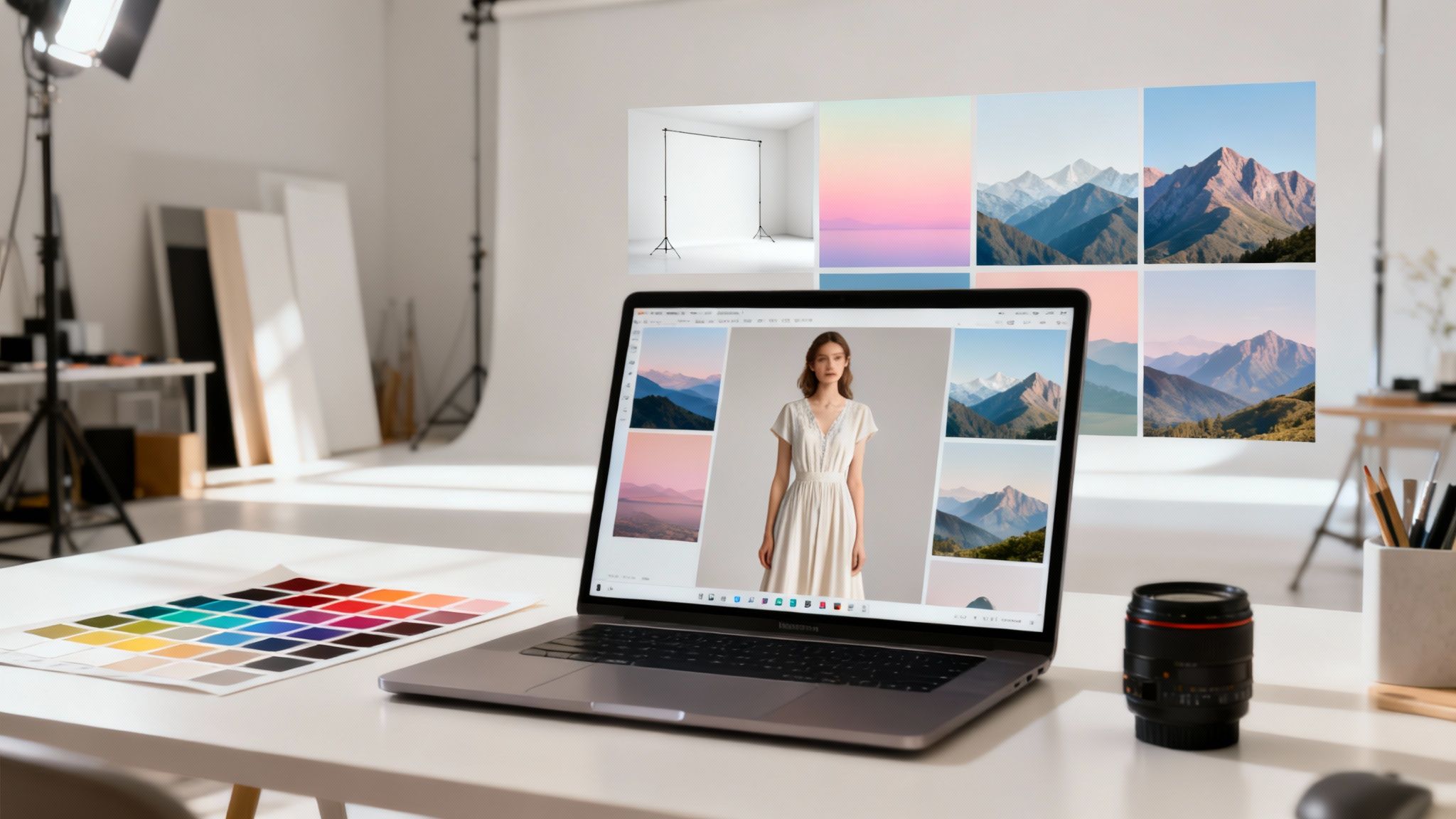 A professional photo studio workspace with a laptop displaying a model and landscapes, a color chart, and camera lens.