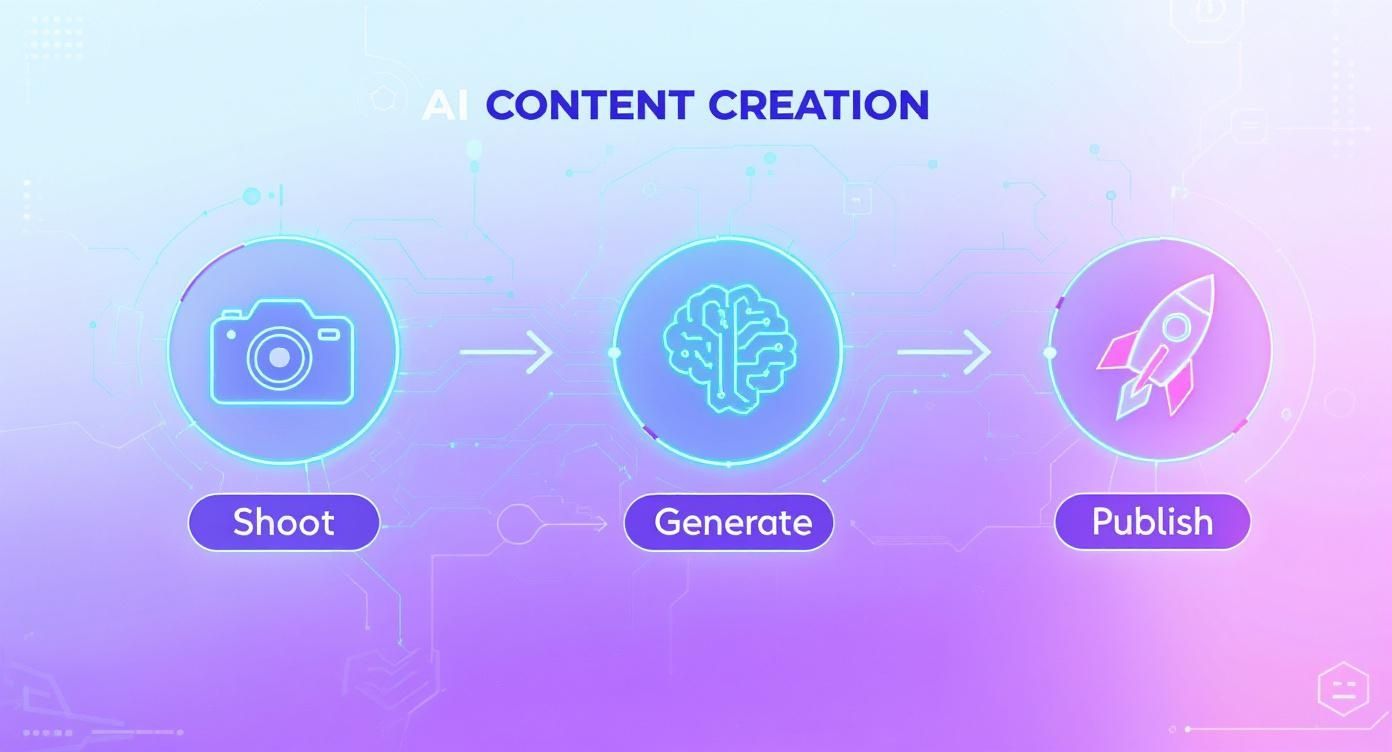 Diagram illustrating an AI content creation workflow with steps: Shoot, Generate, and Publish.