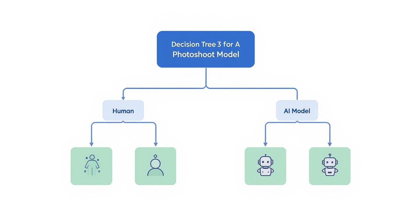 A decision tree illustrating choices for a photoshoot model: human vs. AI, each with two sub-options.