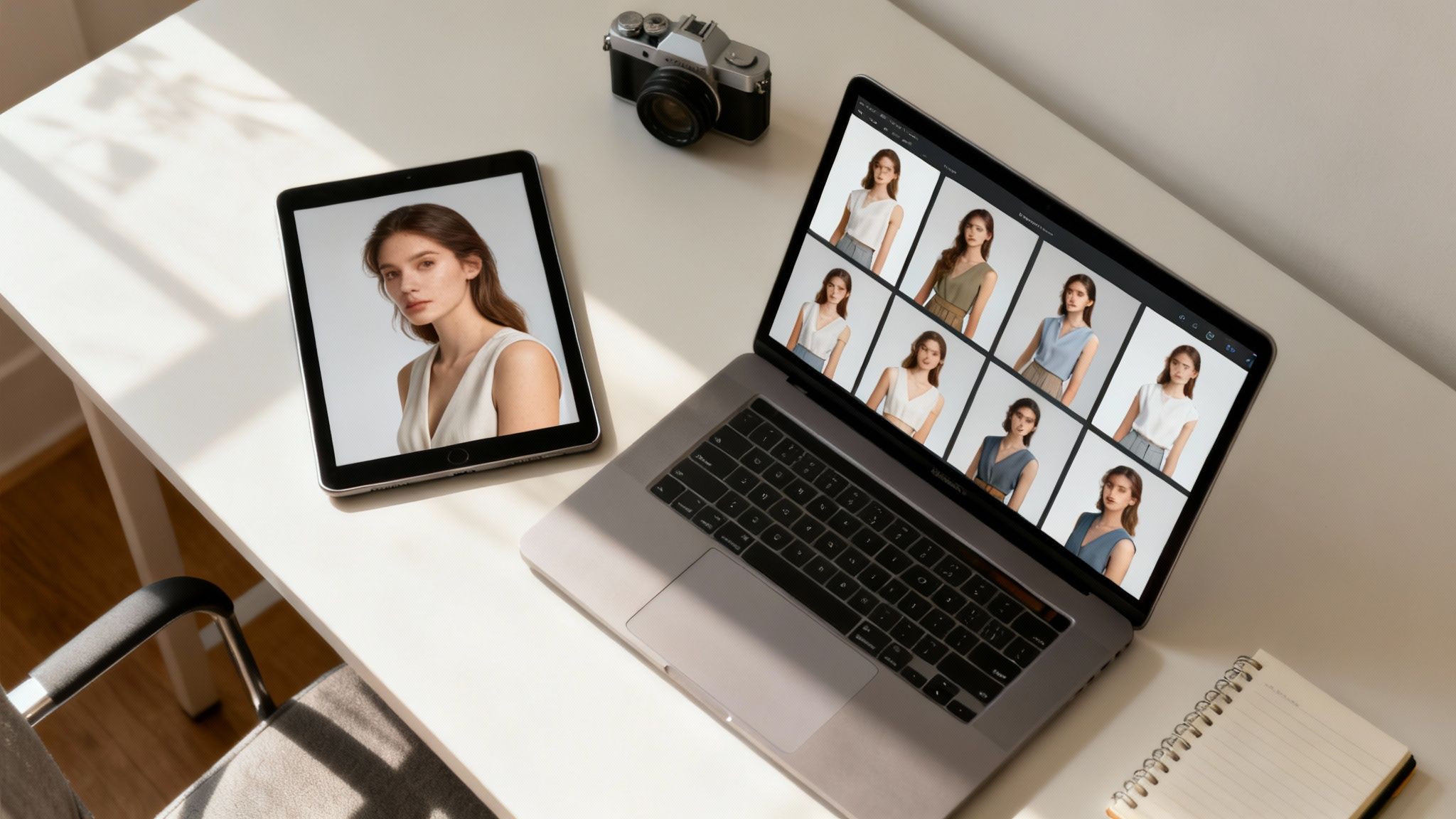 A top-down view of a desk with a tablet and laptop displaying a model's photoshoot images.