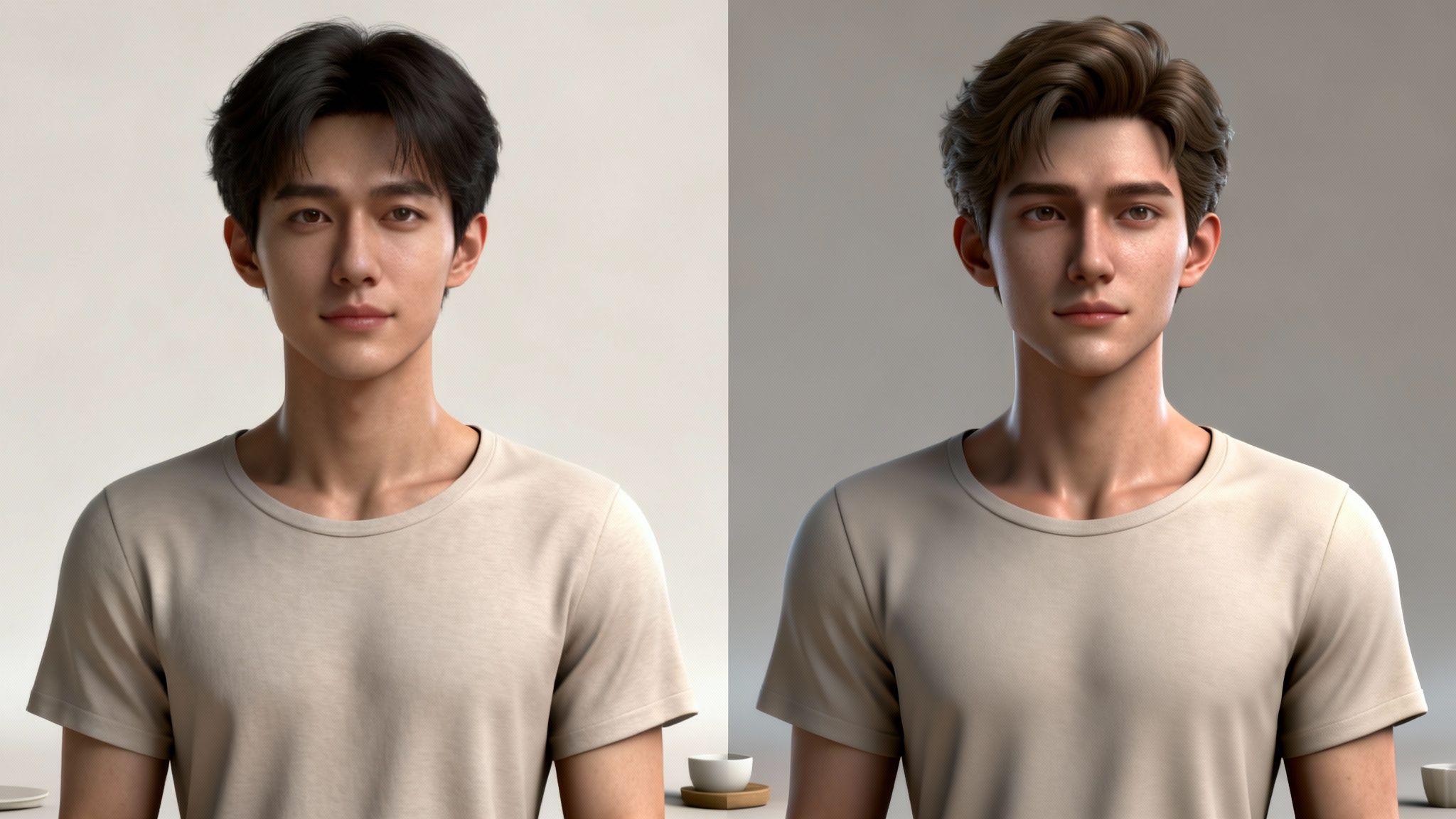 Two male models with black and brown hair, wearing light t-shirts, looking forward.