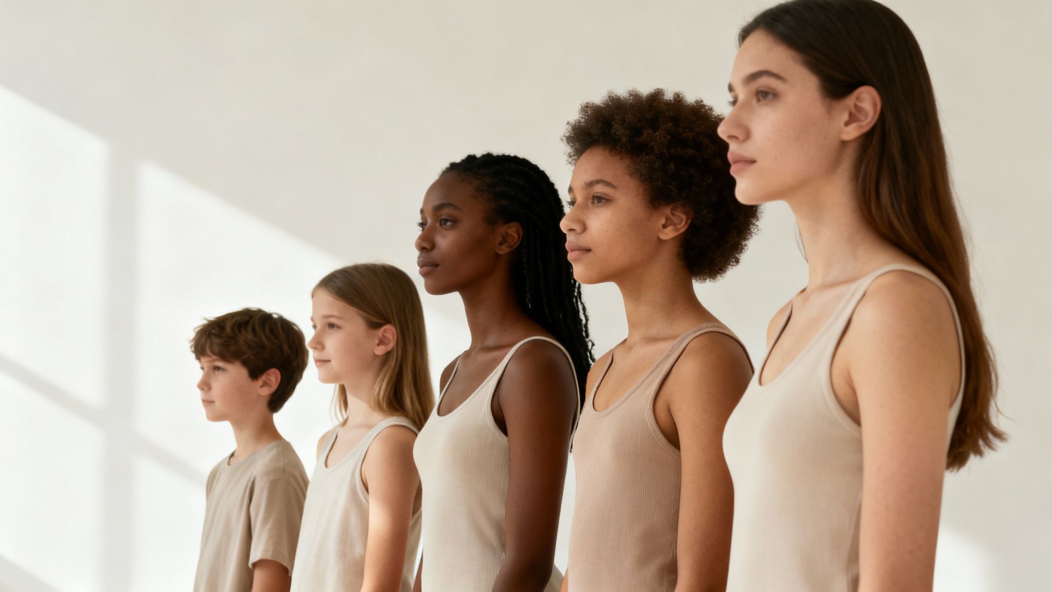 Five diverse individuals, including children and women, stand in a line against a white wall.