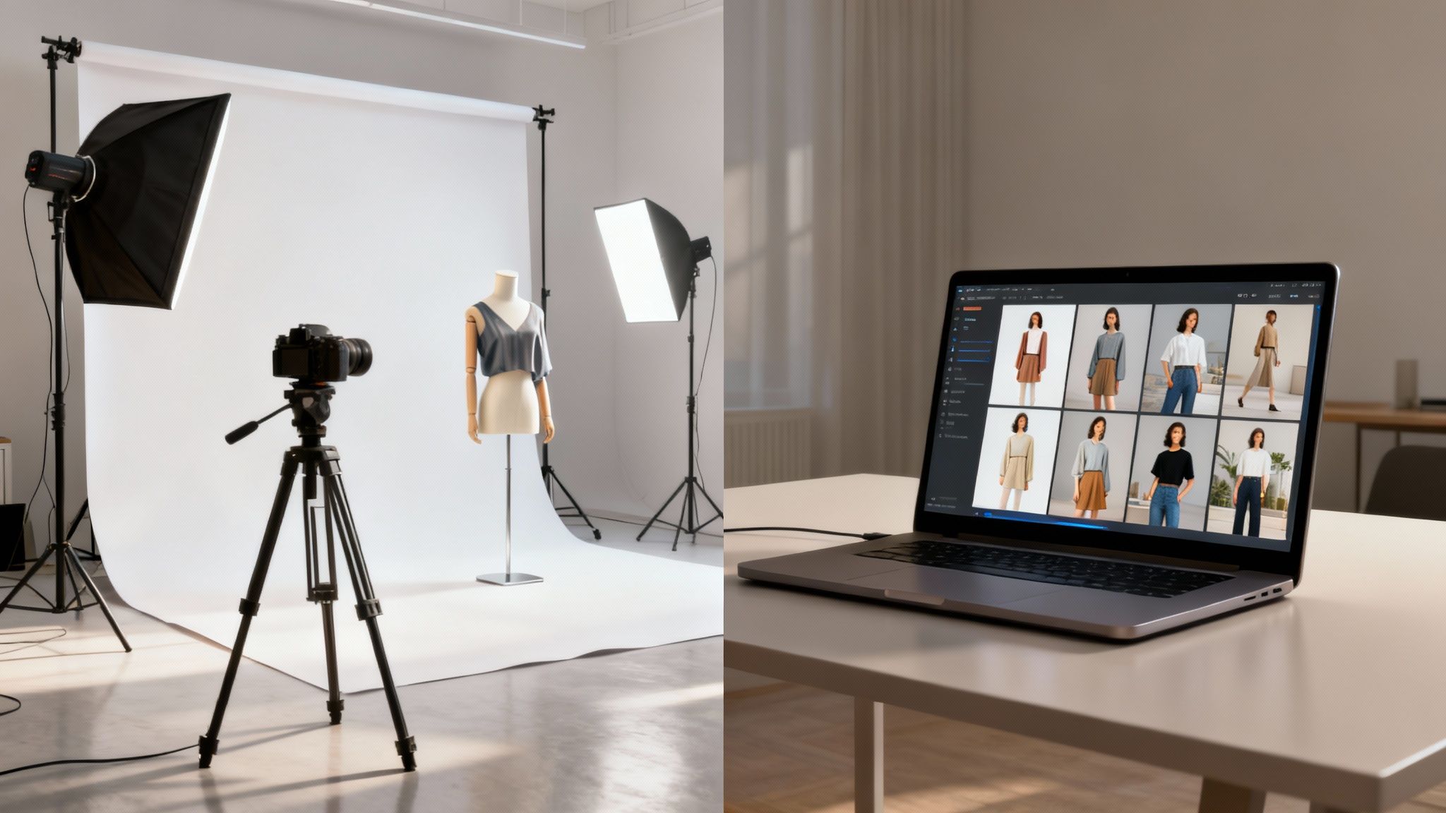 A photo studio with a mannequin and camera on tripod, next to a laptop displaying e-commerce clothing.
