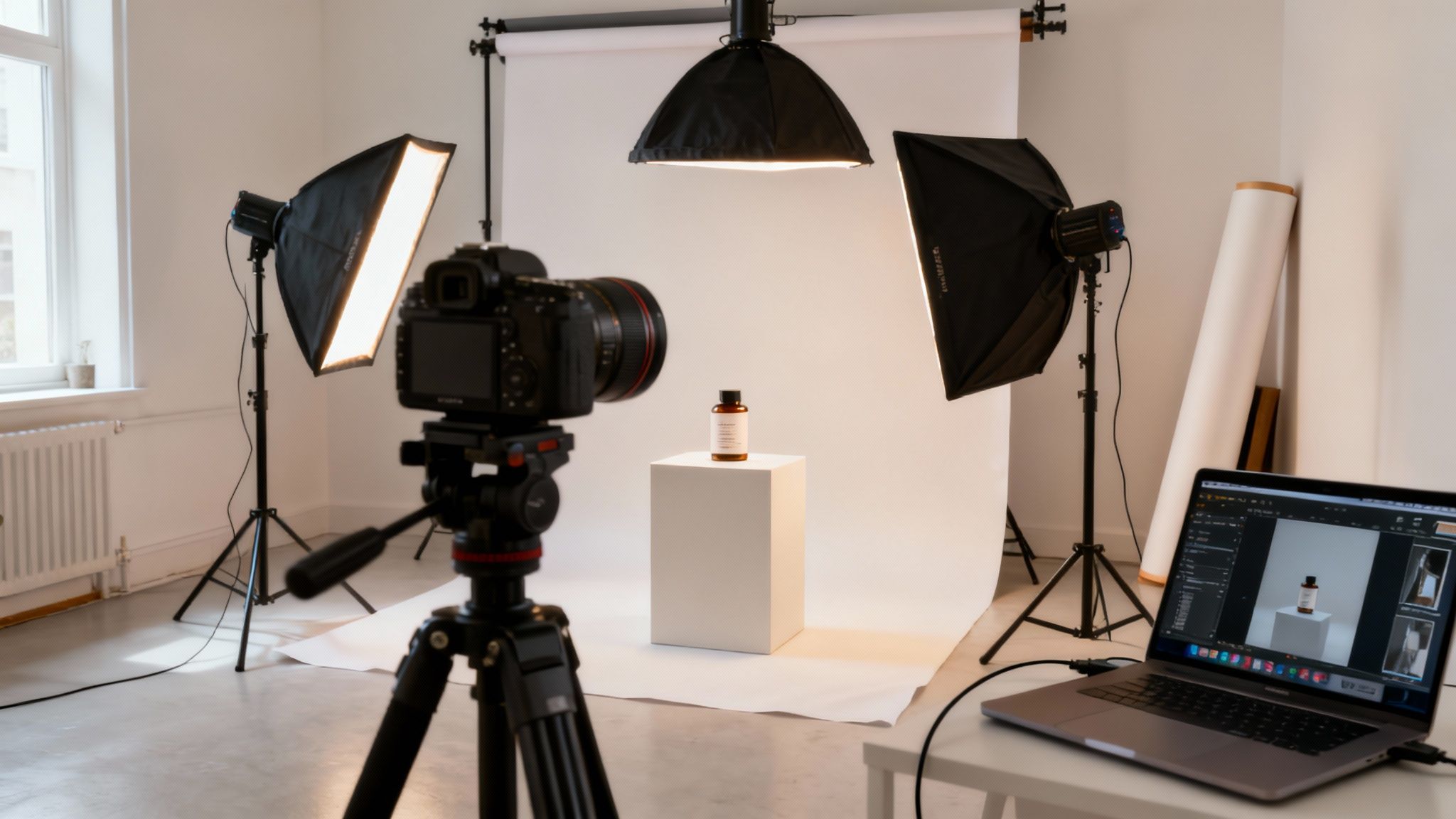 A professional e-commerce product photography studio setup with camera, lights, product, and laptop.