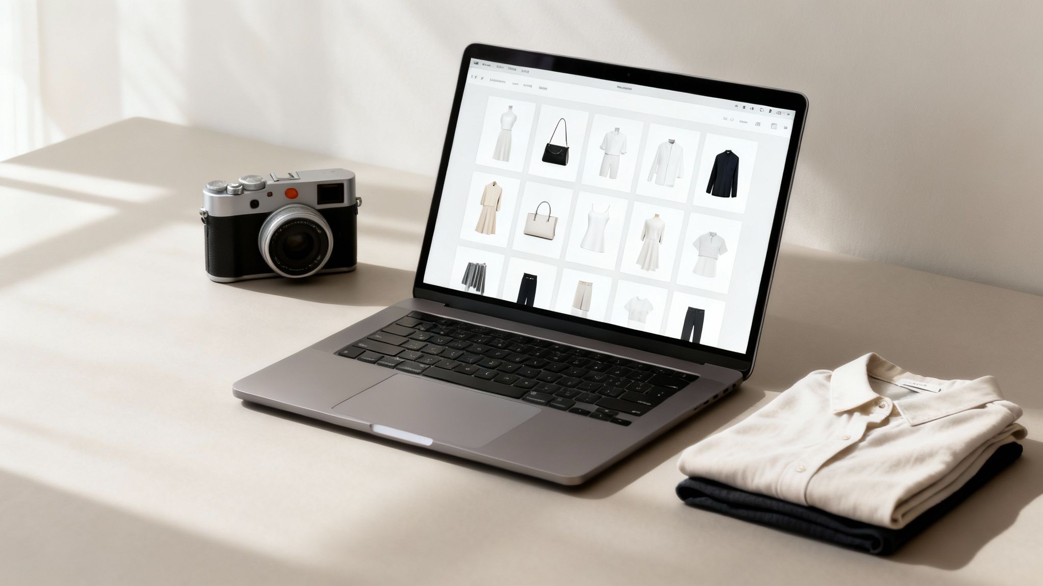 Laptop displaying an online clothing store on white backgrounds, with a camera and folded apparel.