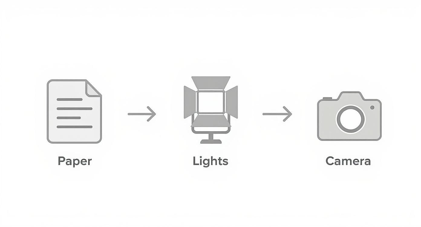 A diagram shows a paper icon, an arrow, a studio light icon, an arrow, and a camera icon.