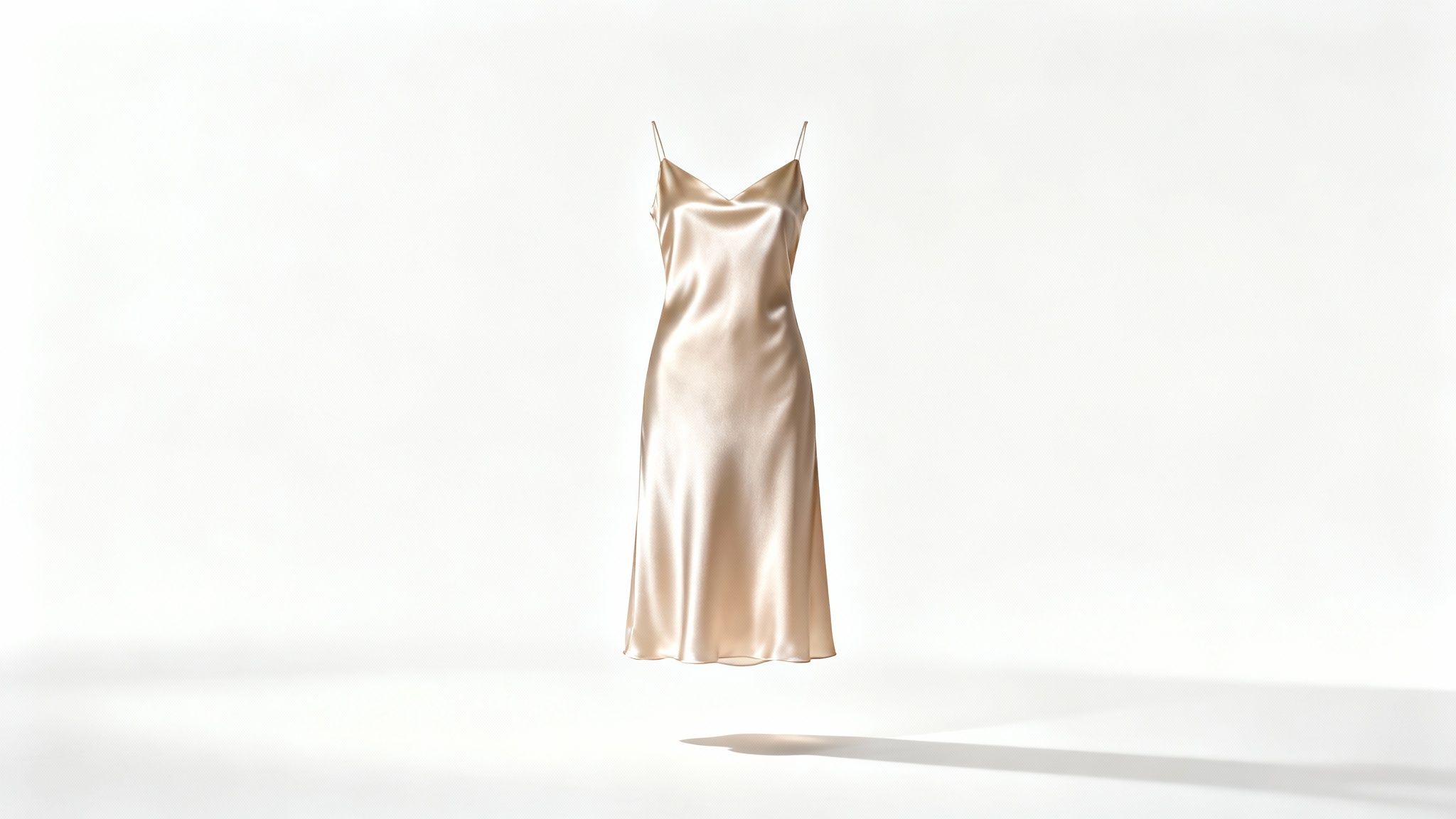 A flowing champagne silk slip dress floats elegantly against a pure white background.