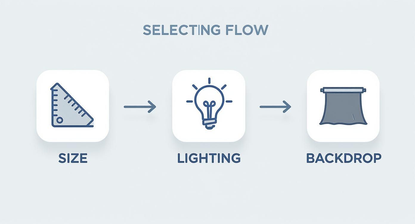 An infographic showing the selecting flow process: size, lighting, and backdrop options.