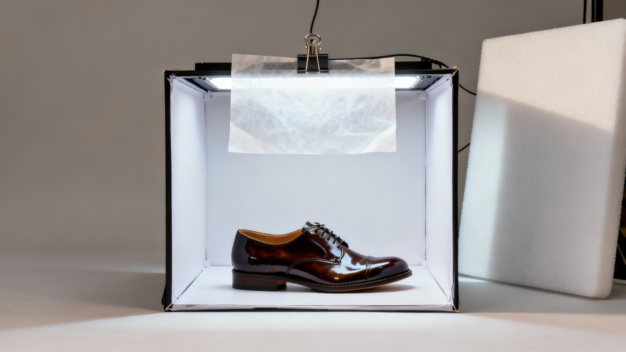 A men's shiny brown dress shoe inside a white light box with diffusion paper, set up for product photography.