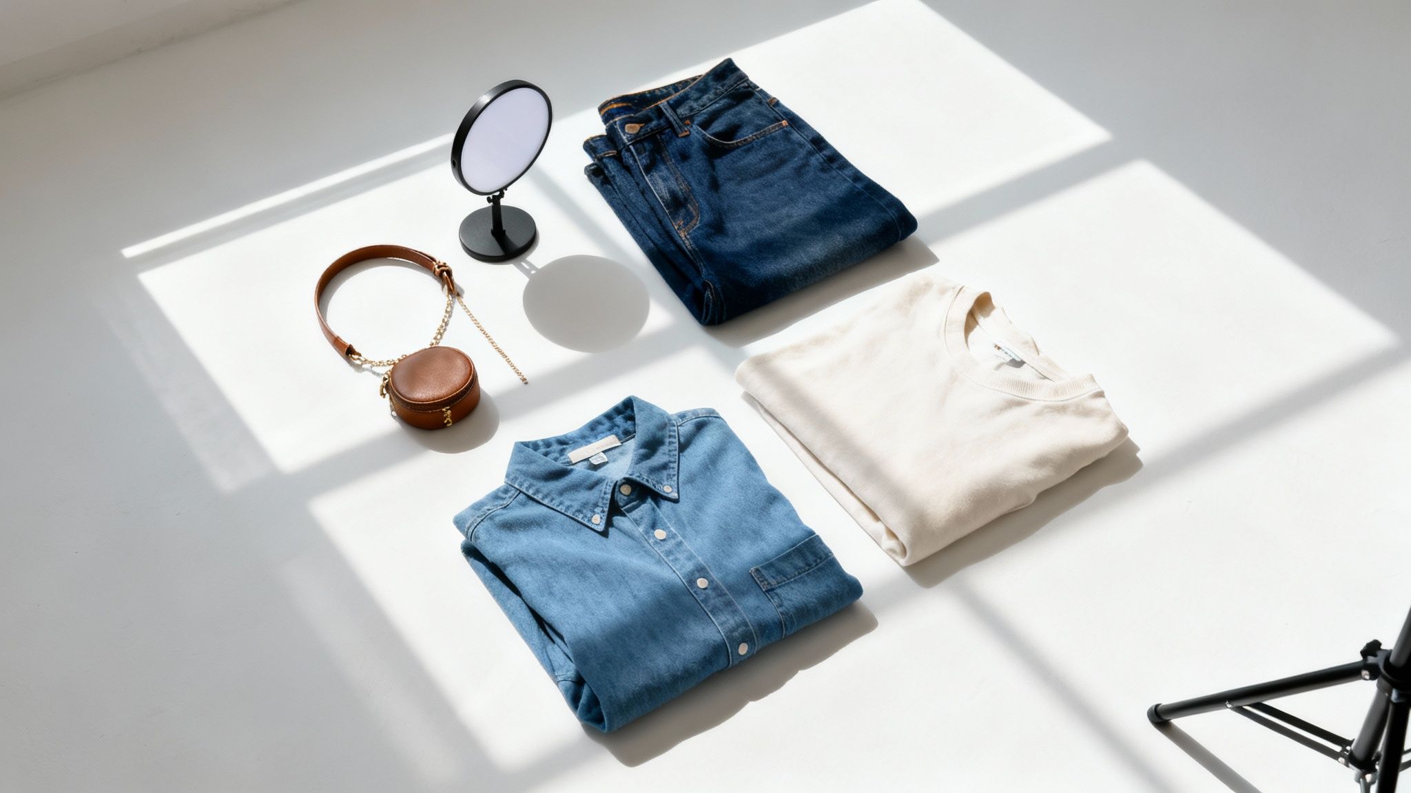 A stylish flat lay of casual men's clothing including blue jeans, a denim shirt, and a cream top, with a small brown bag and mirror.