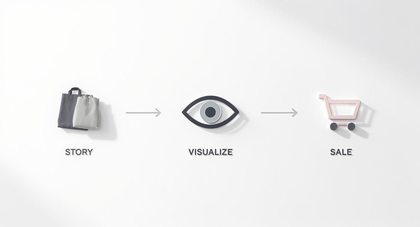 A minimalist visual diagram illustrating a sales funnel: story, visualize, and sale with icons.