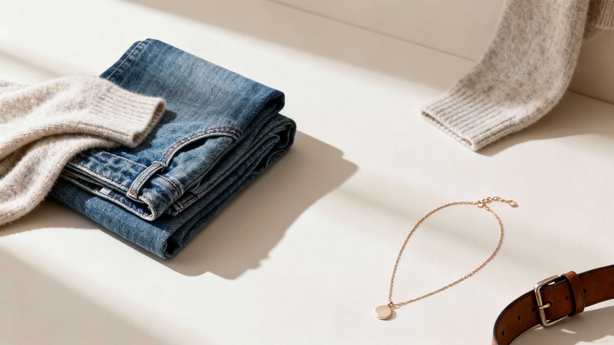 Stylish flat lay with folded blue jeans, a cozy light sweater, a delicate gold necklace, and a leather belt.