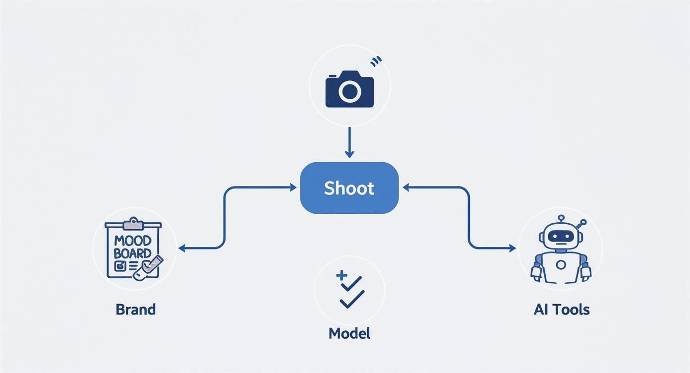 Workflow diagram illustrating how Brand, Model, and AI Tools converge for a photoshoot, starting from a camera.