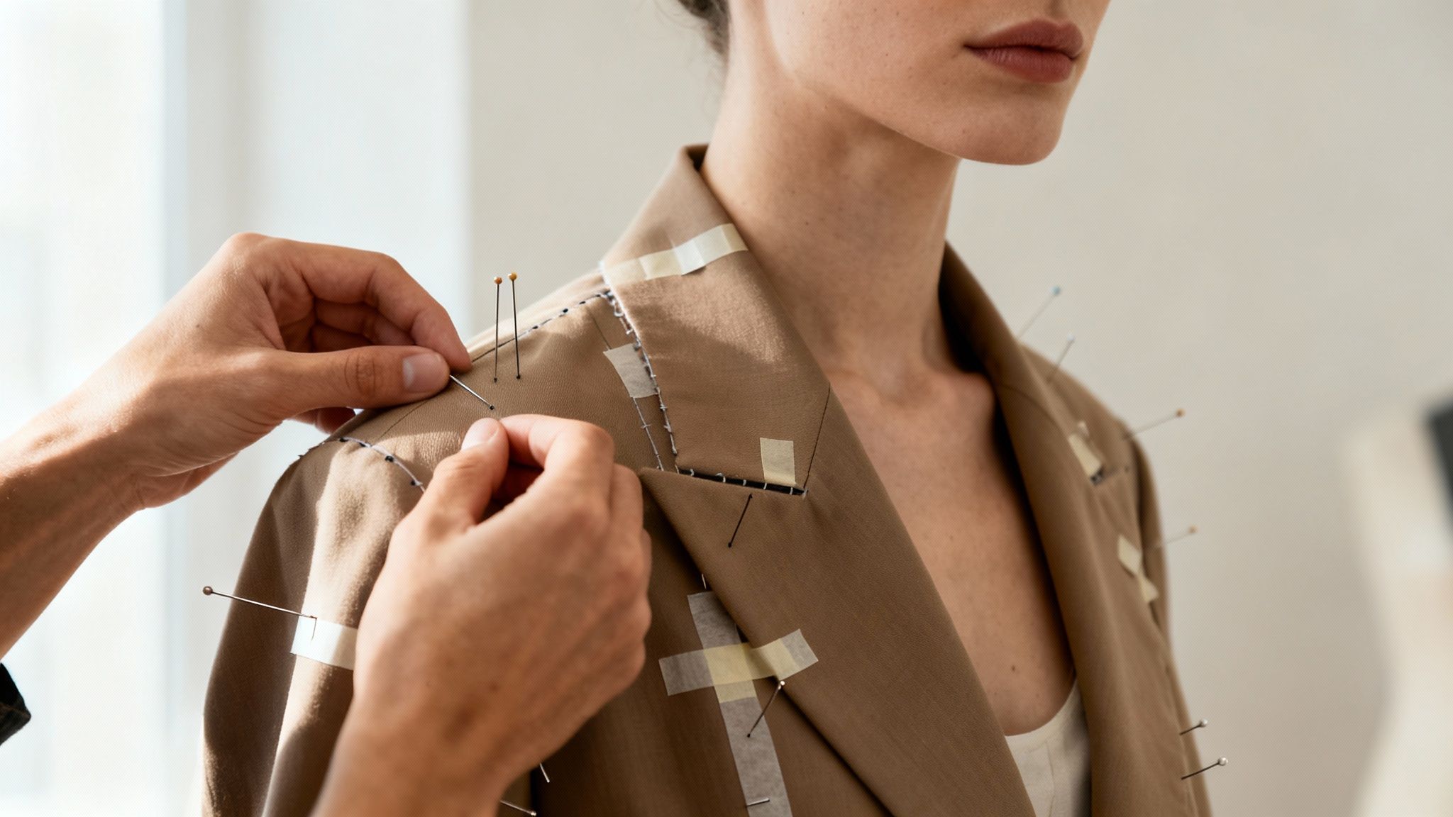 Hands pinning a tailored brown blazer on a model, making design adjustments with pins and tape.
