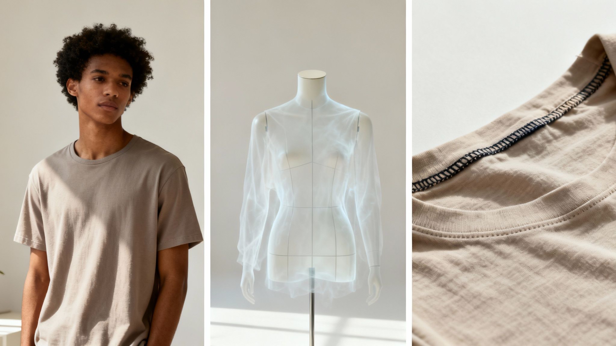 A triptych showing a man in a beige t-shirt, a transparent top on a mannequin, and a t-shirt seam.