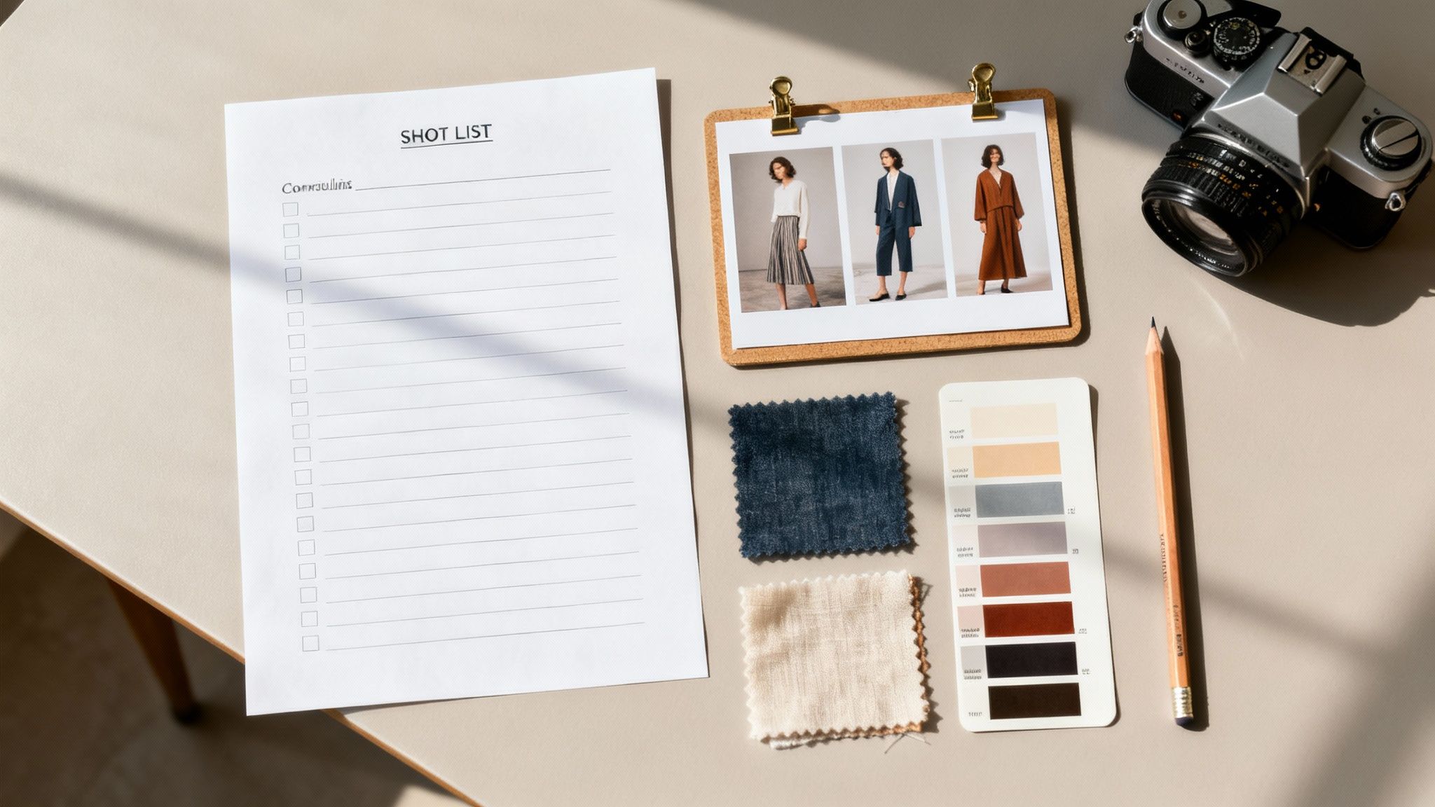A flat lay of a shot list, mood board with model photos, fabric swatches, color palette, and camera, for apparel product photography.