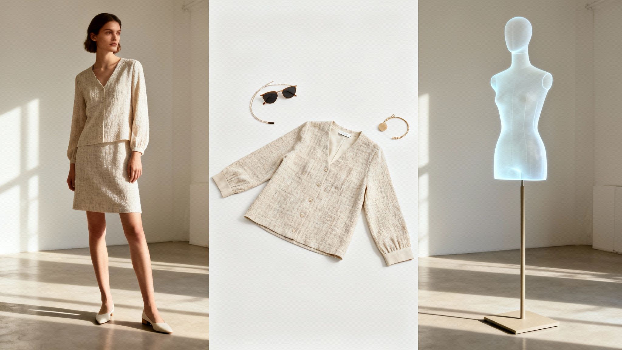 Model in beige tweed top and skirt, with outfit flat lay, accessories, and glowing mannequin.