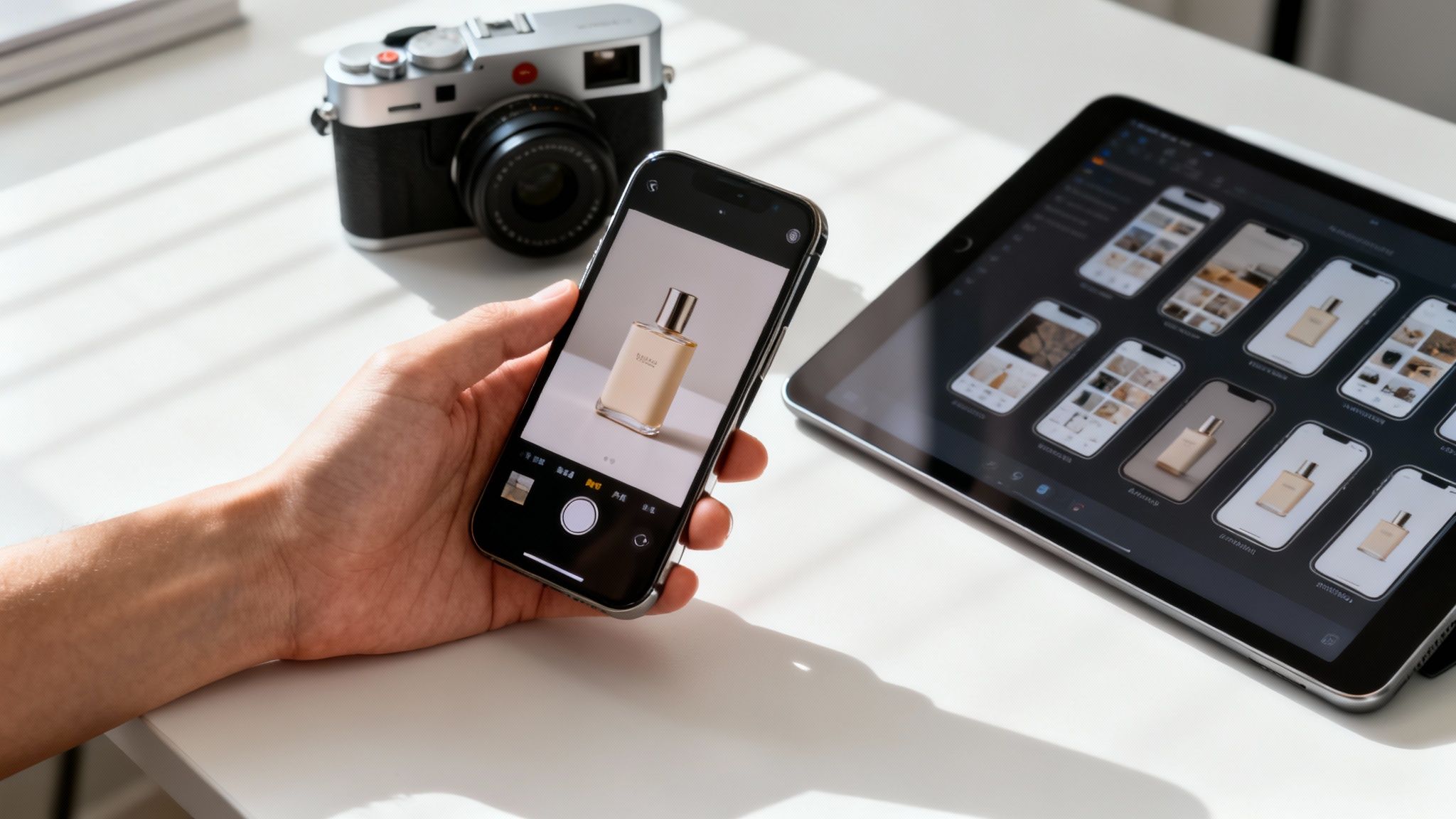 A hand holds a smartphone displaying a perfume bottle product photo, with a tablet showing e-commerce mockups.