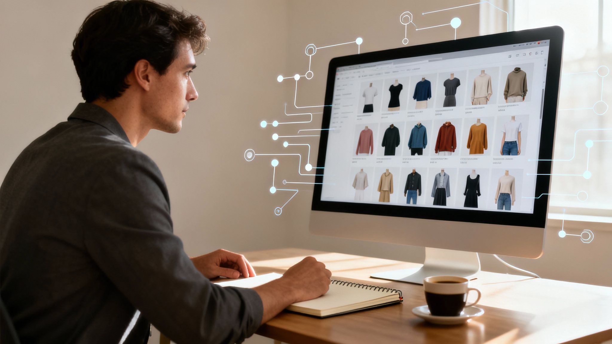 A man focused on an e-commerce clothing website on a monitor, with overlayed digital network graphics.