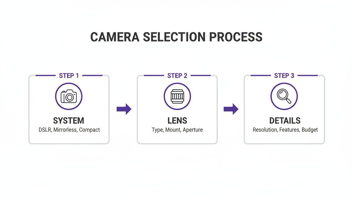 Infographic illustrating a 3-step camera selection process: system, lens, and details.